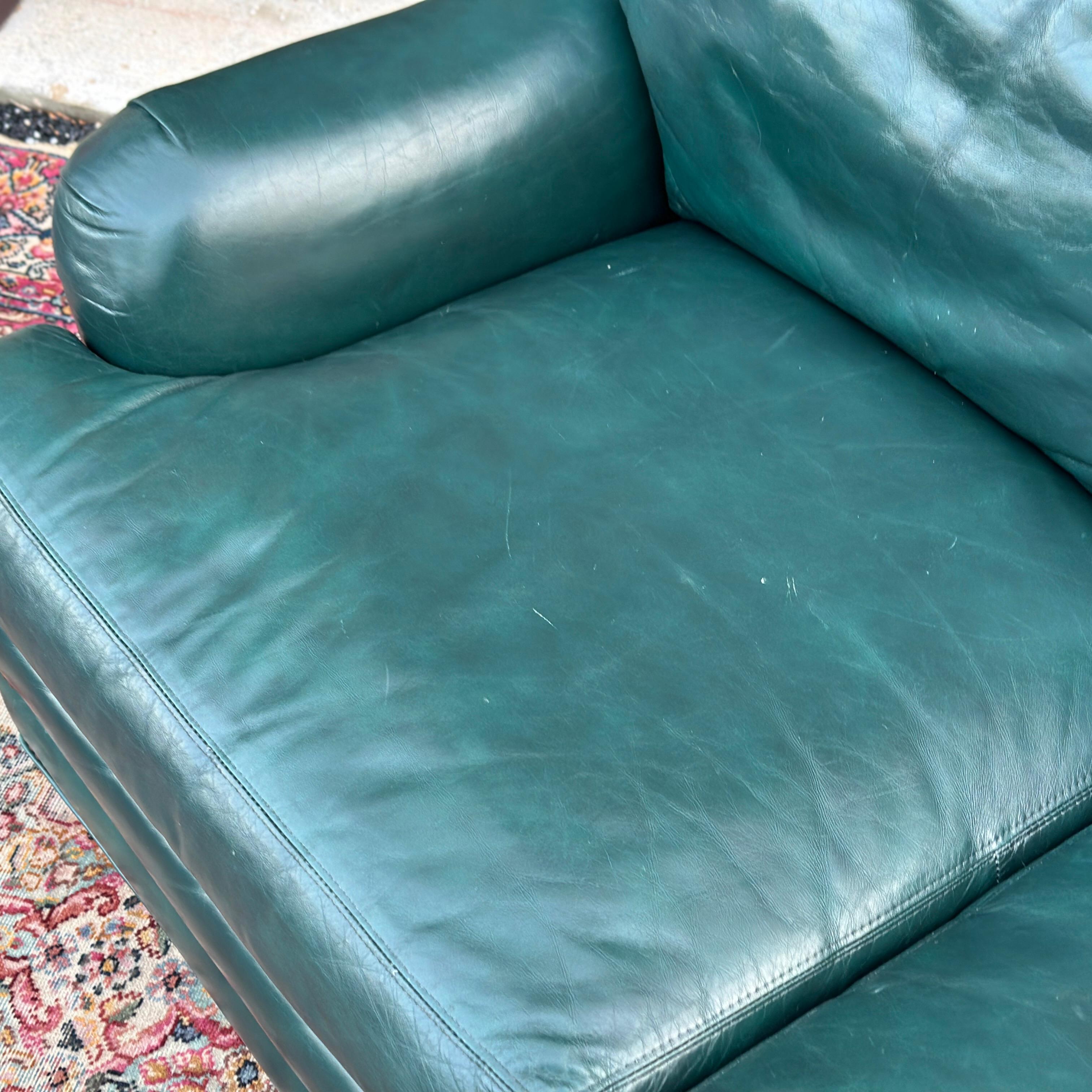 American Vintage Green Leather Loveseat With Brass Tack Trim by Hickorycraft