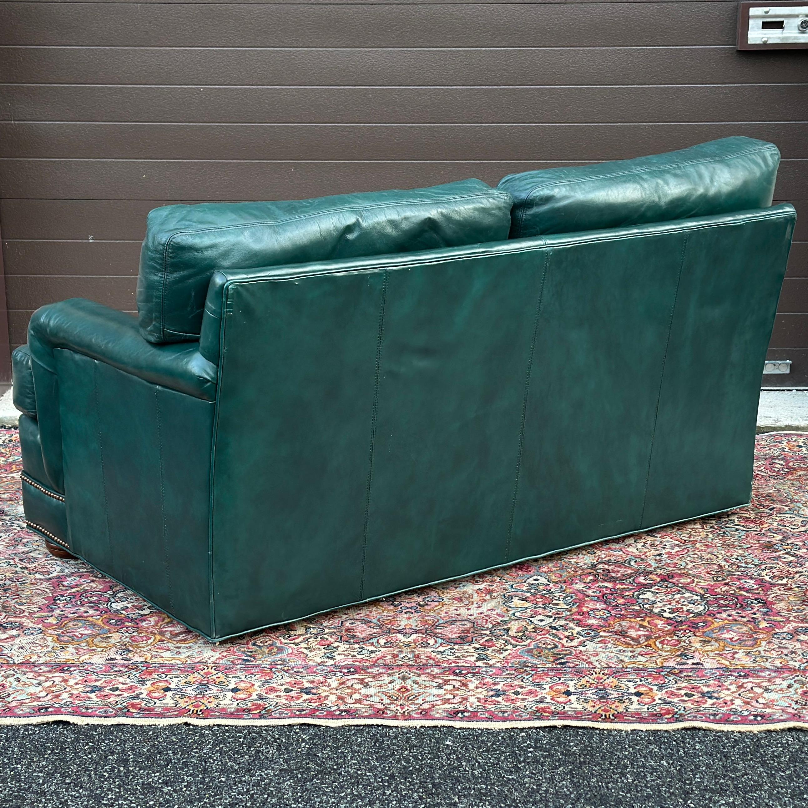 Vintage Green Leather Loveseat With Brass Tack Trim by Hickorycraft In Good Condition In West Chester, PA