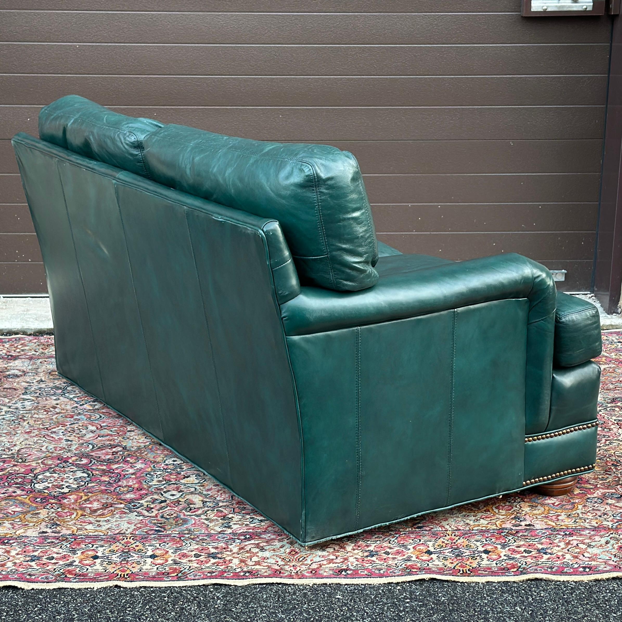 20th Century Vintage Green Leather Loveseat With Brass Tack Trim by Hickorycraft