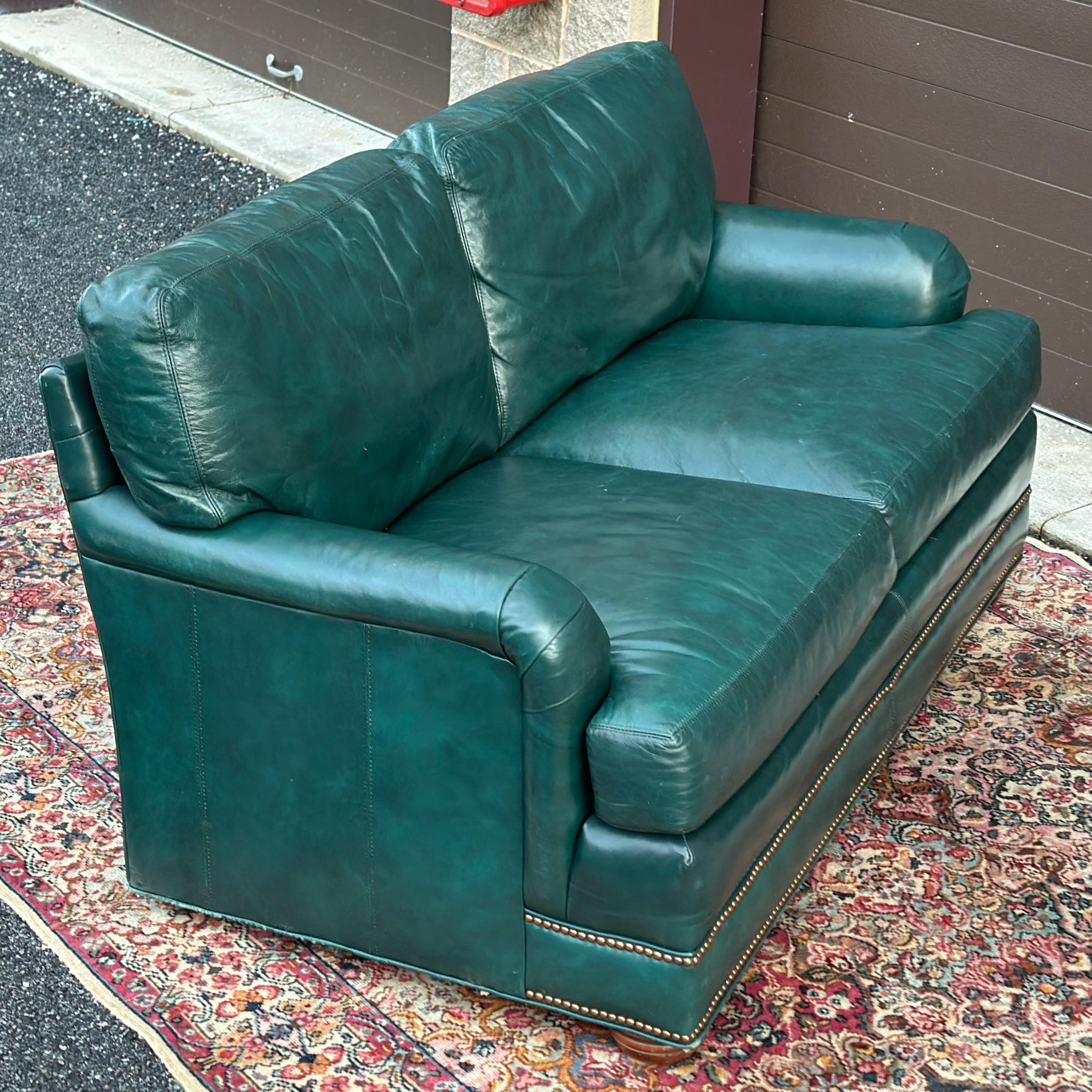 Vintage Green Leather Loveseat With Brass Tack Trim by Hickorycraft 1