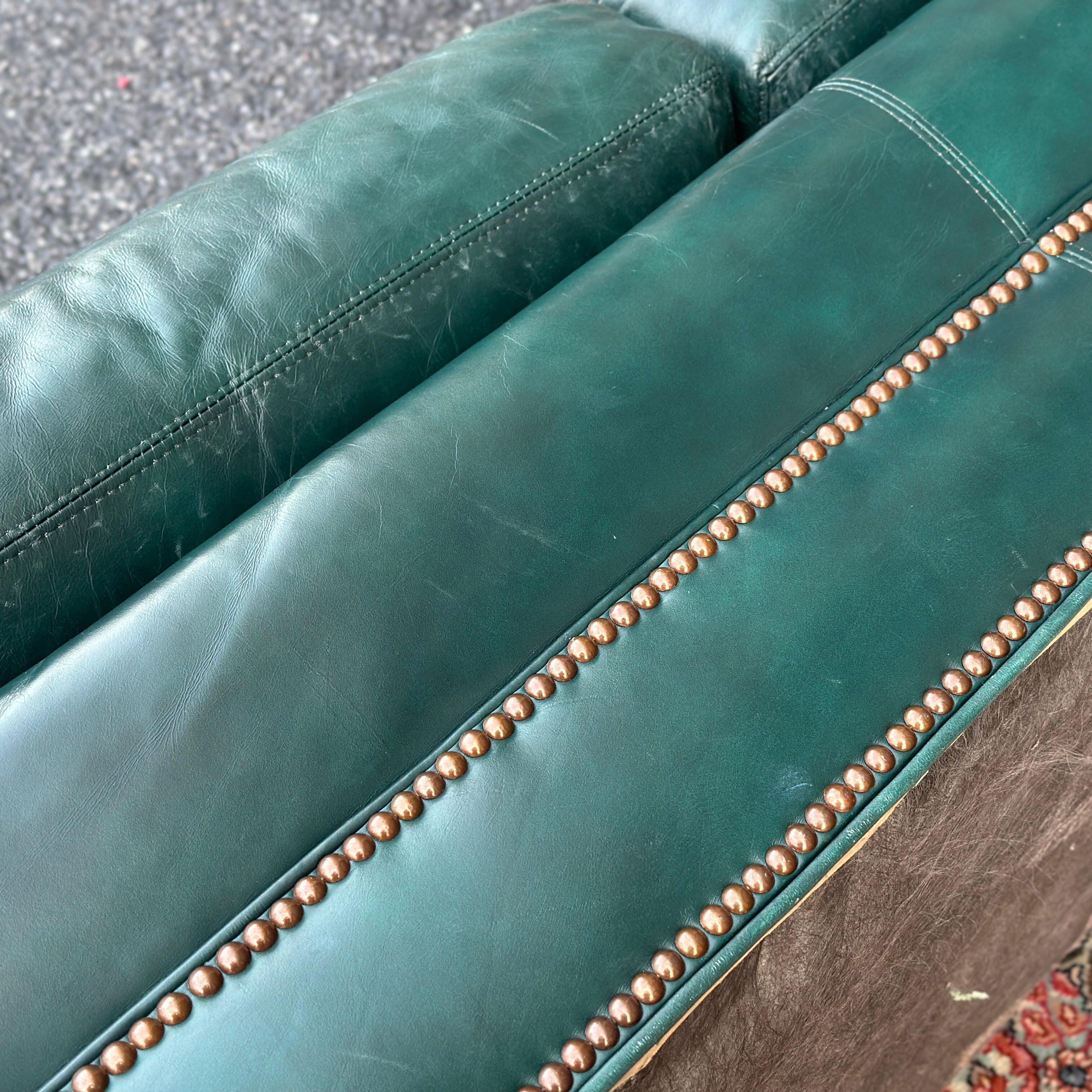 Vintage Green Leather Loveseat With Brass Tack Trim by Hickorycraft 2