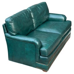 Vintage Green Leather Loveseat With Brass Tack Trim by Hickorycraft
