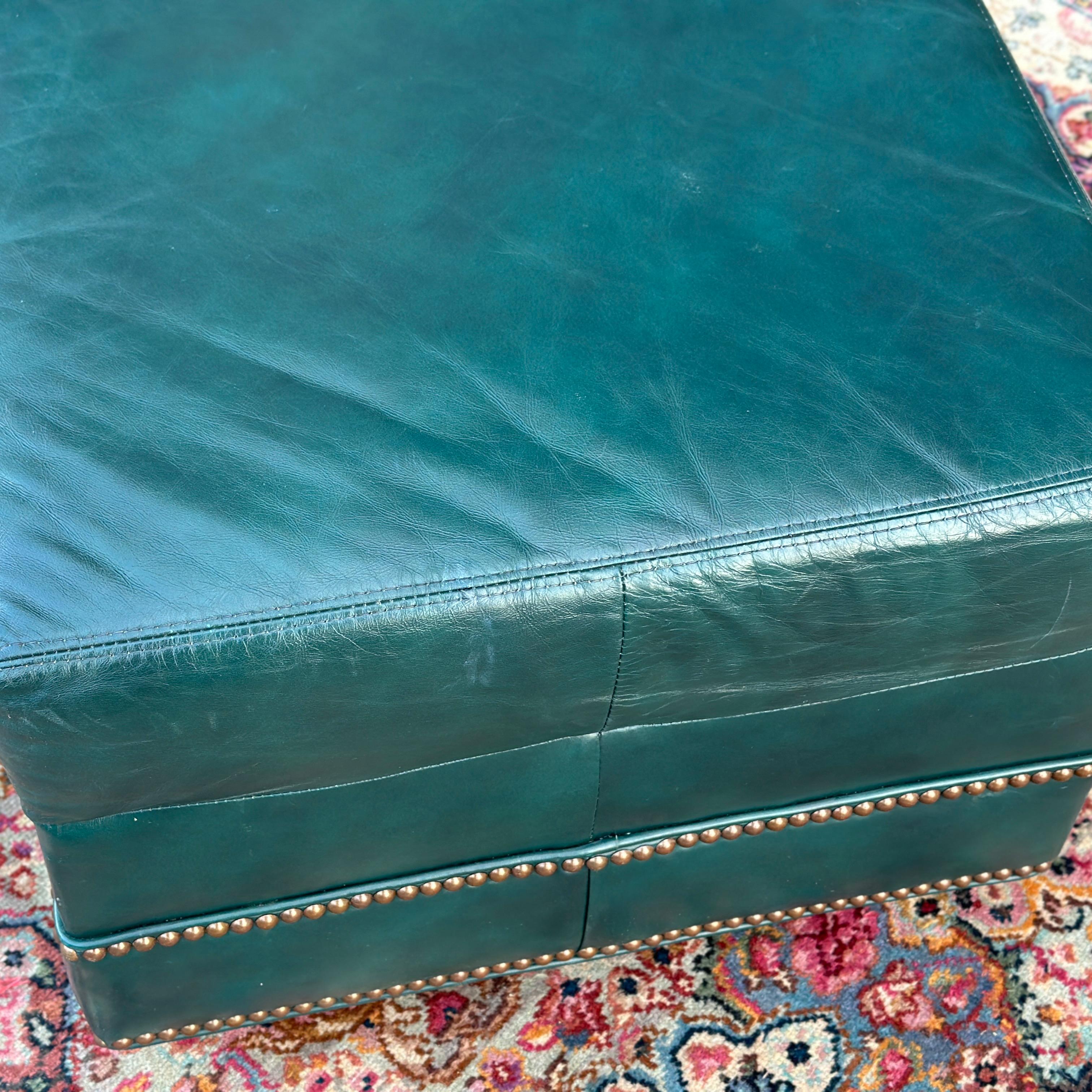 Vintage Green Leather Ottoman on Bun Feet With Brass Tack Trim 3