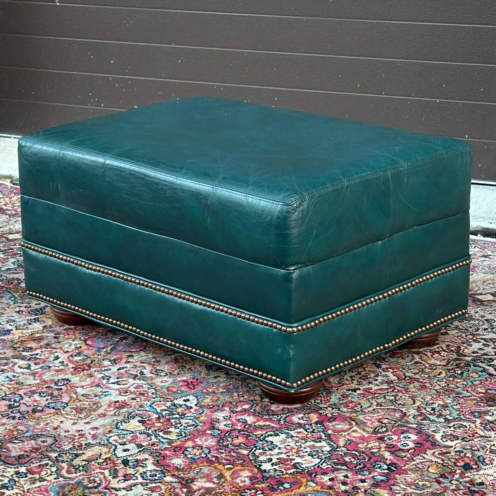Georgian Vintage Green Leather Ottoman on Bun Feet With Brass Tack Trim