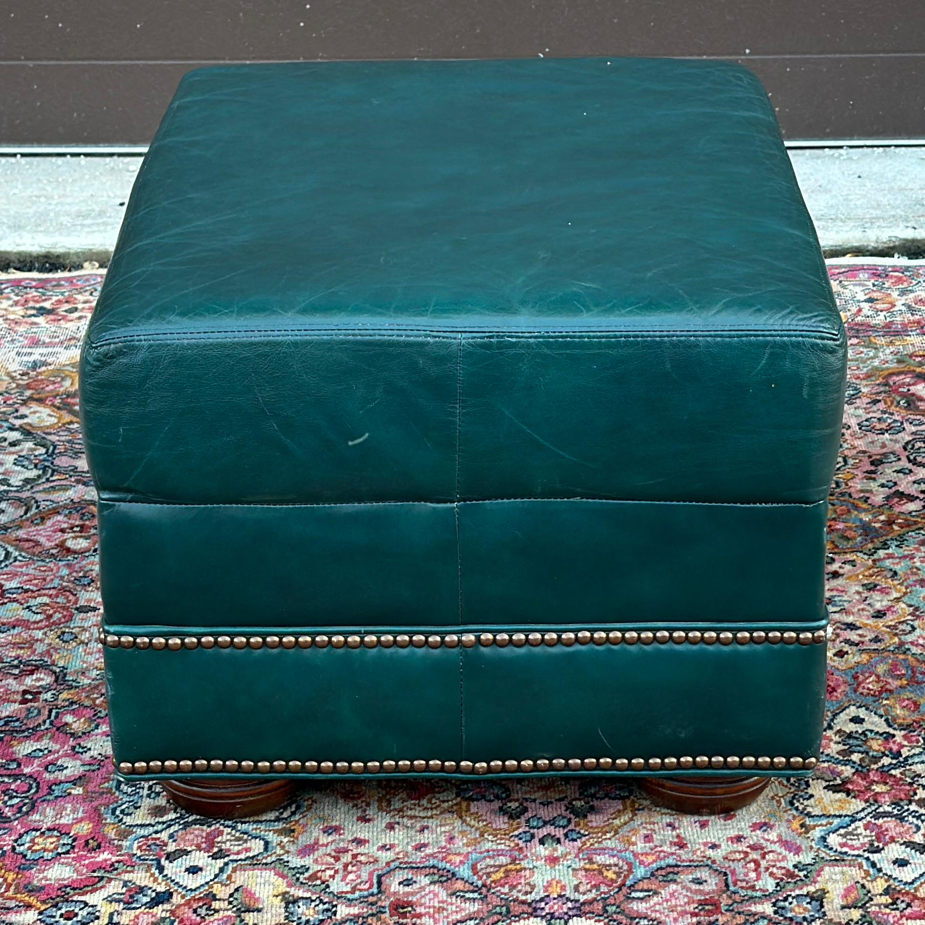 American Vintage Green Leather Ottoman on Bun Feet With Brass Tack Trim