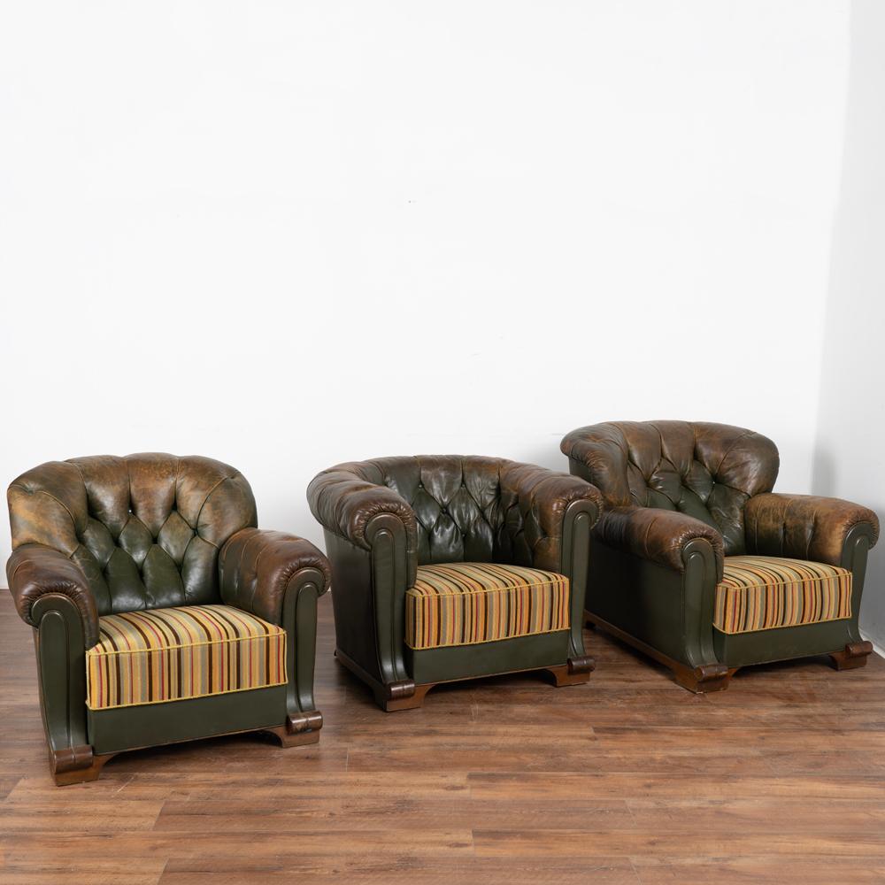 Danish Vintage Green Leather Set of Chesterfield Sofa & Three Club Chairs, circa 1920 For Sale