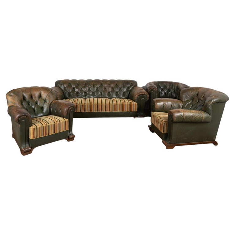 Vintage Green Leather Set of Chesterfield Sofa and Three Club Chairs ...