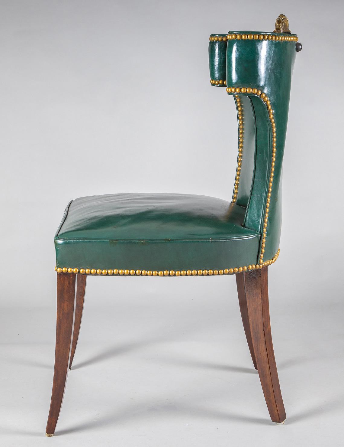 Carved Vintage Green Leather Side or Desk Chair For Sale