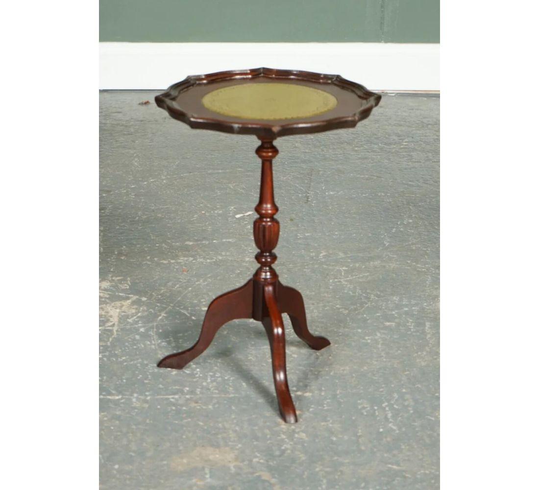Victorian Vintage Green Leather Wine Side Pie Crust Table on Tripod Feet For Sale