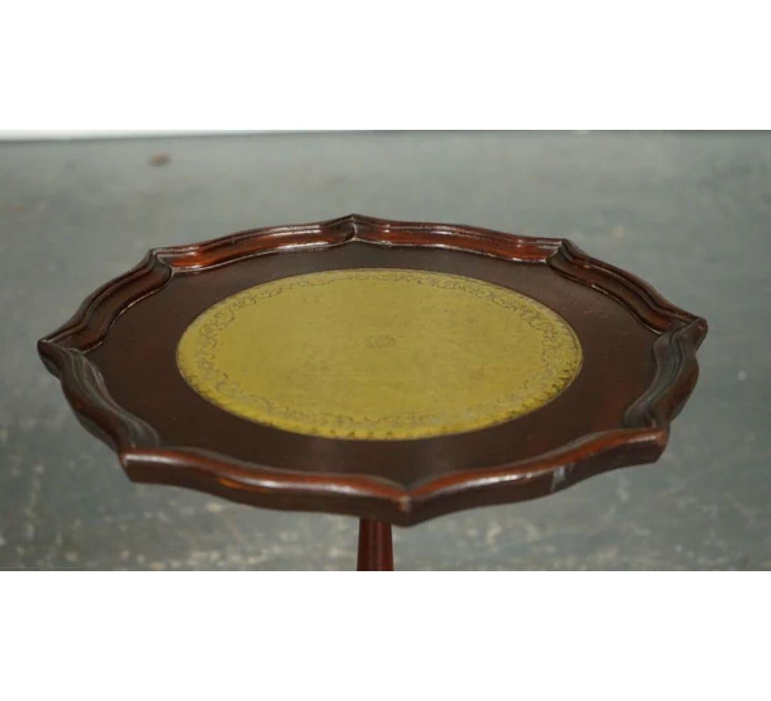 British Vintage Green Leather Wine Side Pie Crust Table on Tripod Feet For Sale
