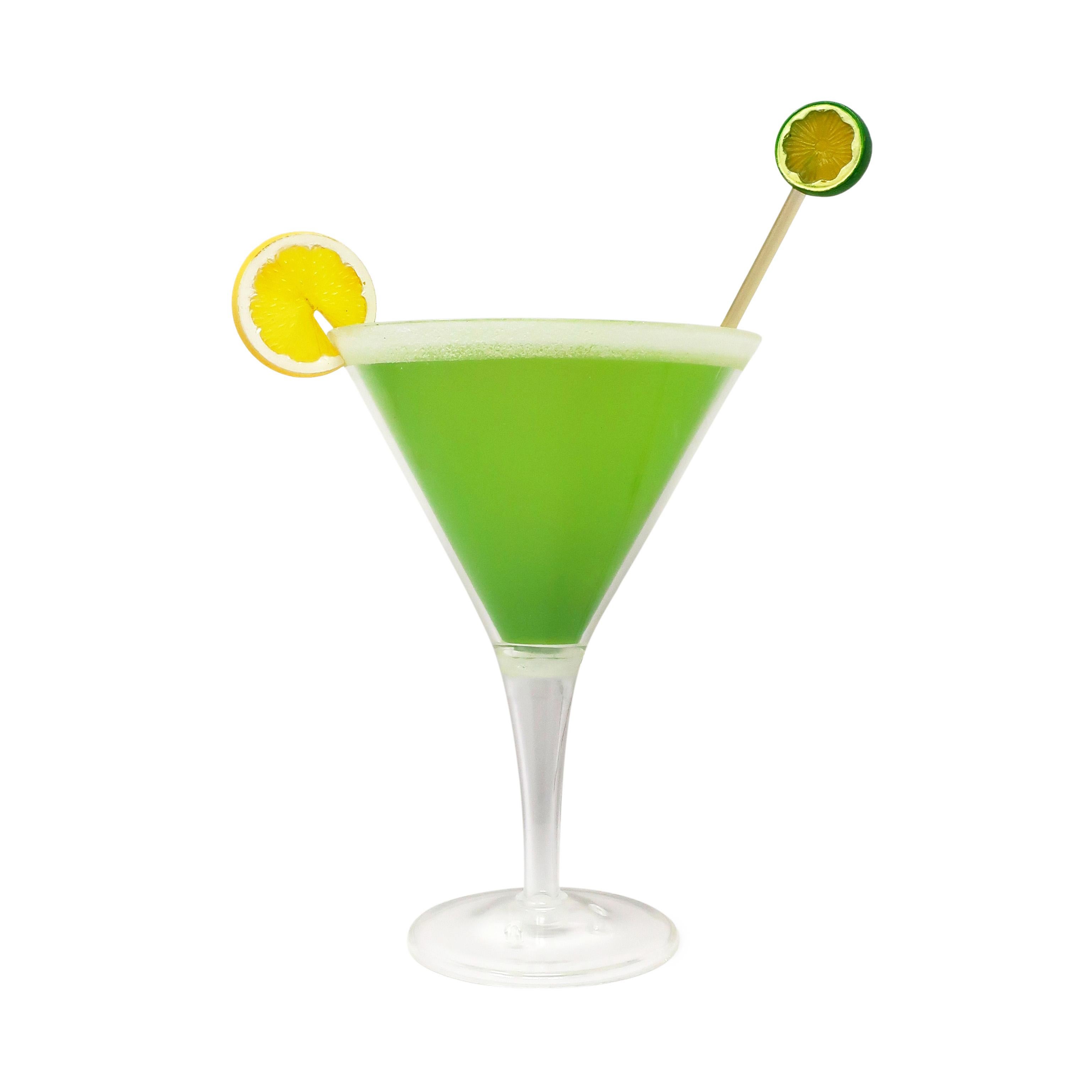 A hard-to-find postmodern cocktail lamp with a clear lucite martini shaped glass, green shading to look like a full margarita, textured rim as though it has been dipped in salt, and a stick with a slice of lime on the end. Great for lovers of pop