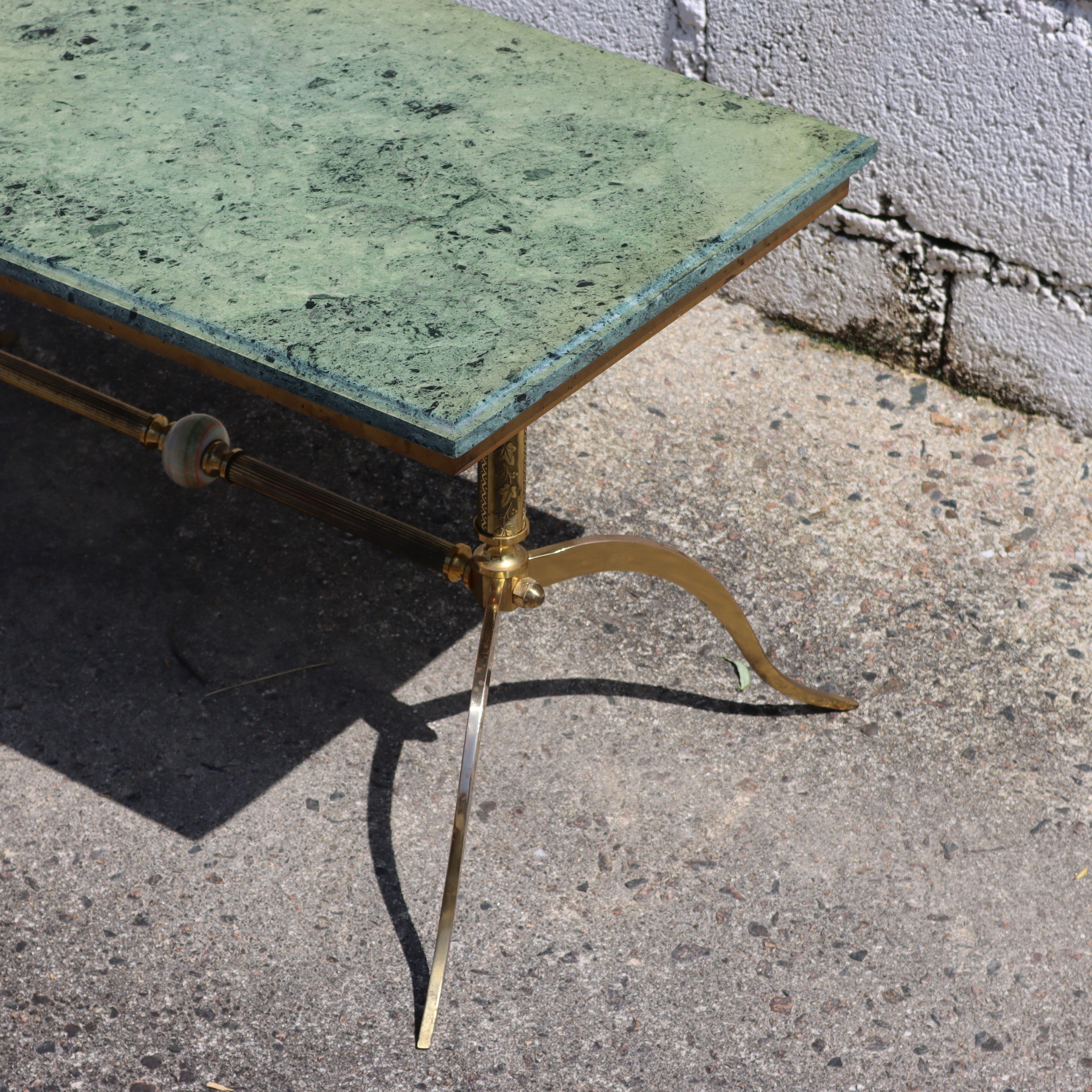 Vintage green Marble and Brass Coffee Table-Cocktail Table -Regency Style-70s 3