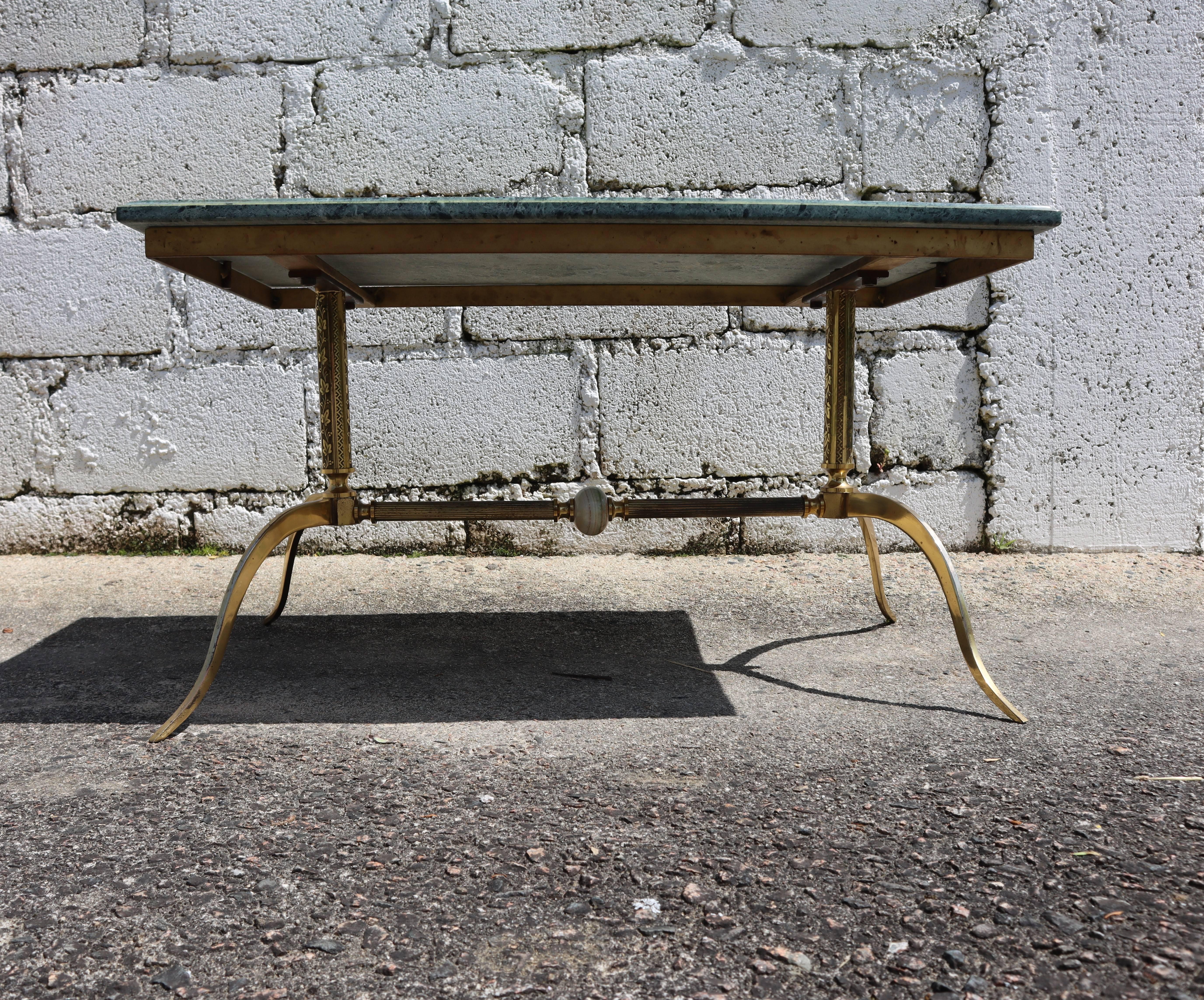 Vintage green Marble and Brass Coffee Table-Cocktail Table -Regency Style-70s 6