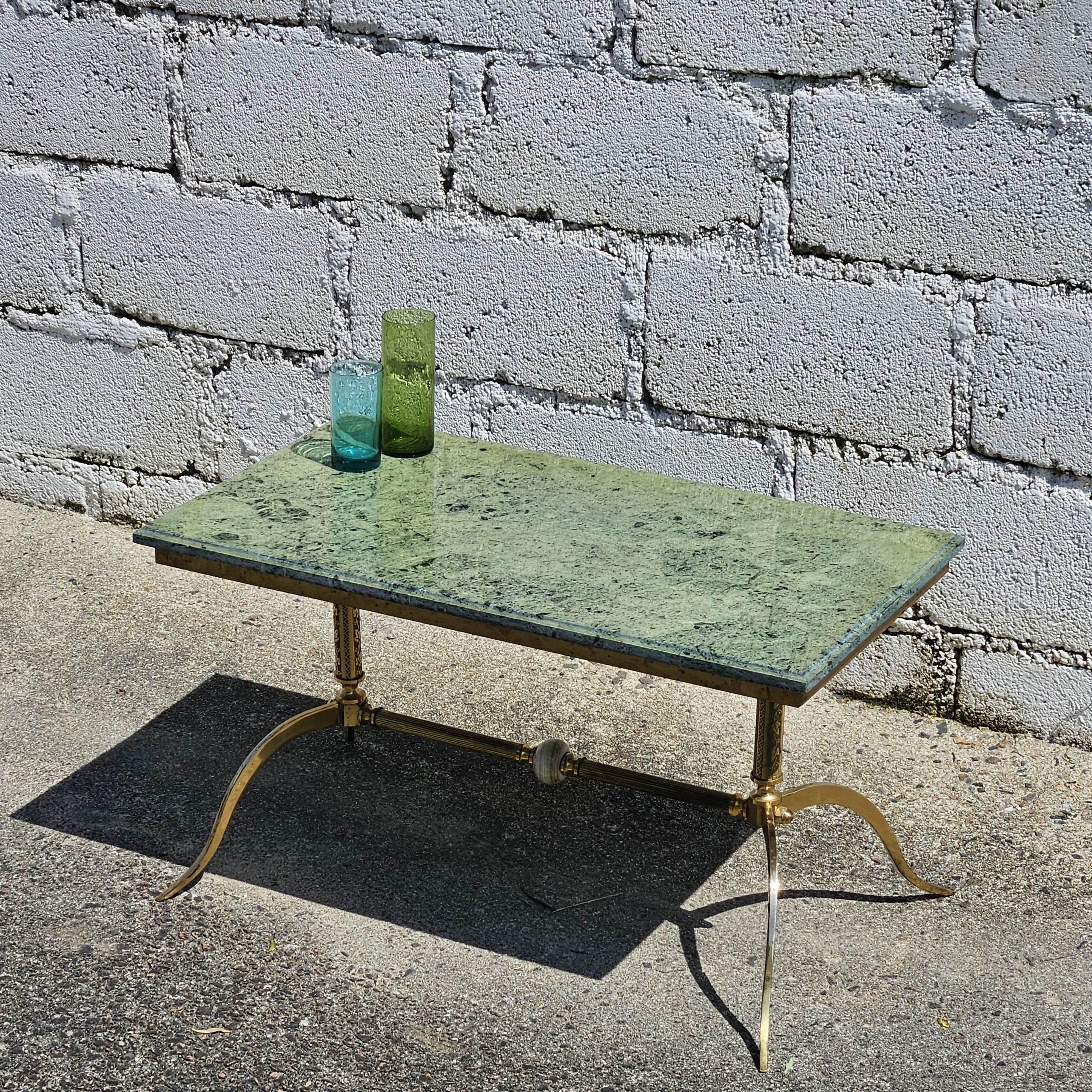Carved Vintage green Marble and Brass Coffee Table-Cocktail Table -Regency Style-70s