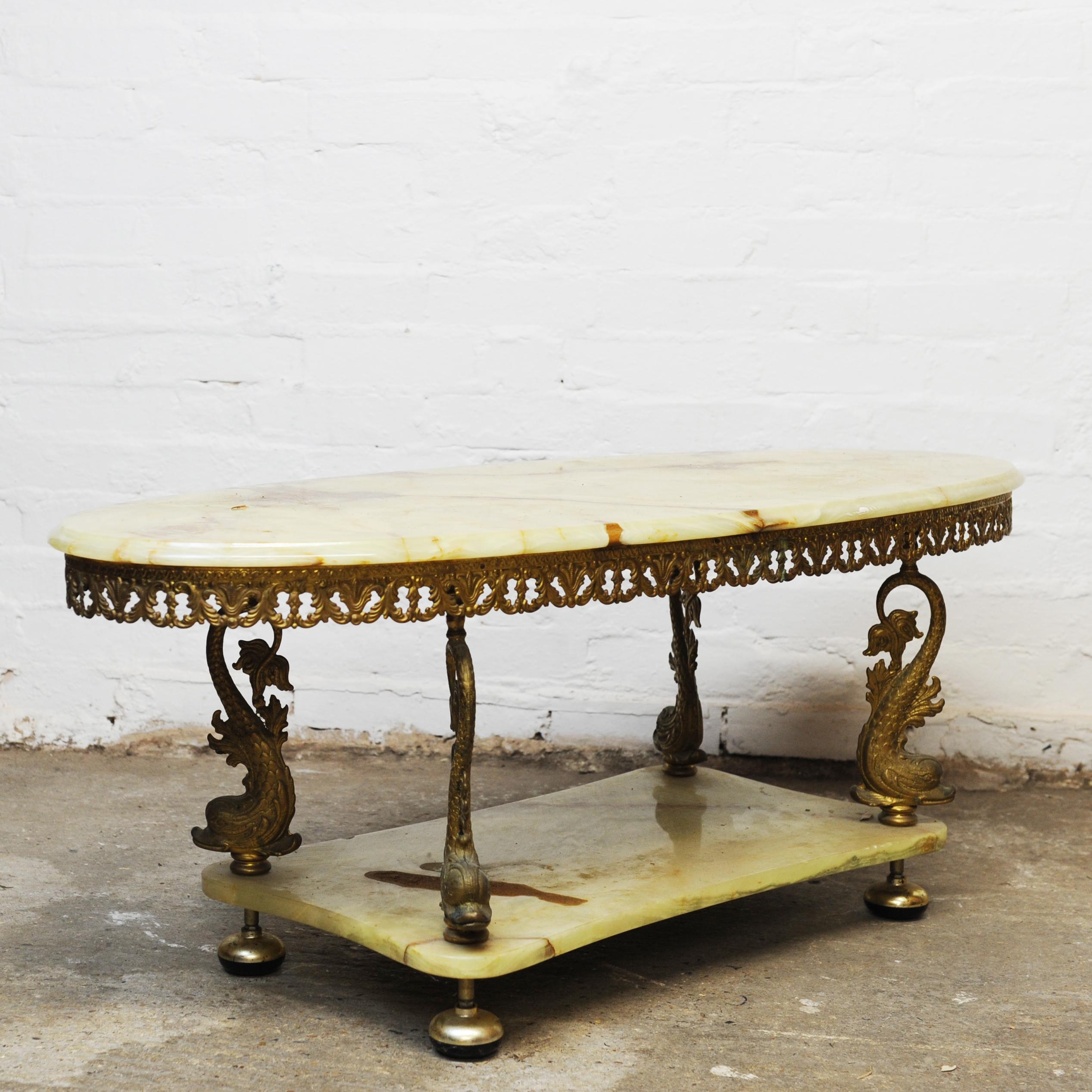 Vintage Green Marble and Decorative Brass Two Tier Hollywood Regency Table For Sale 6