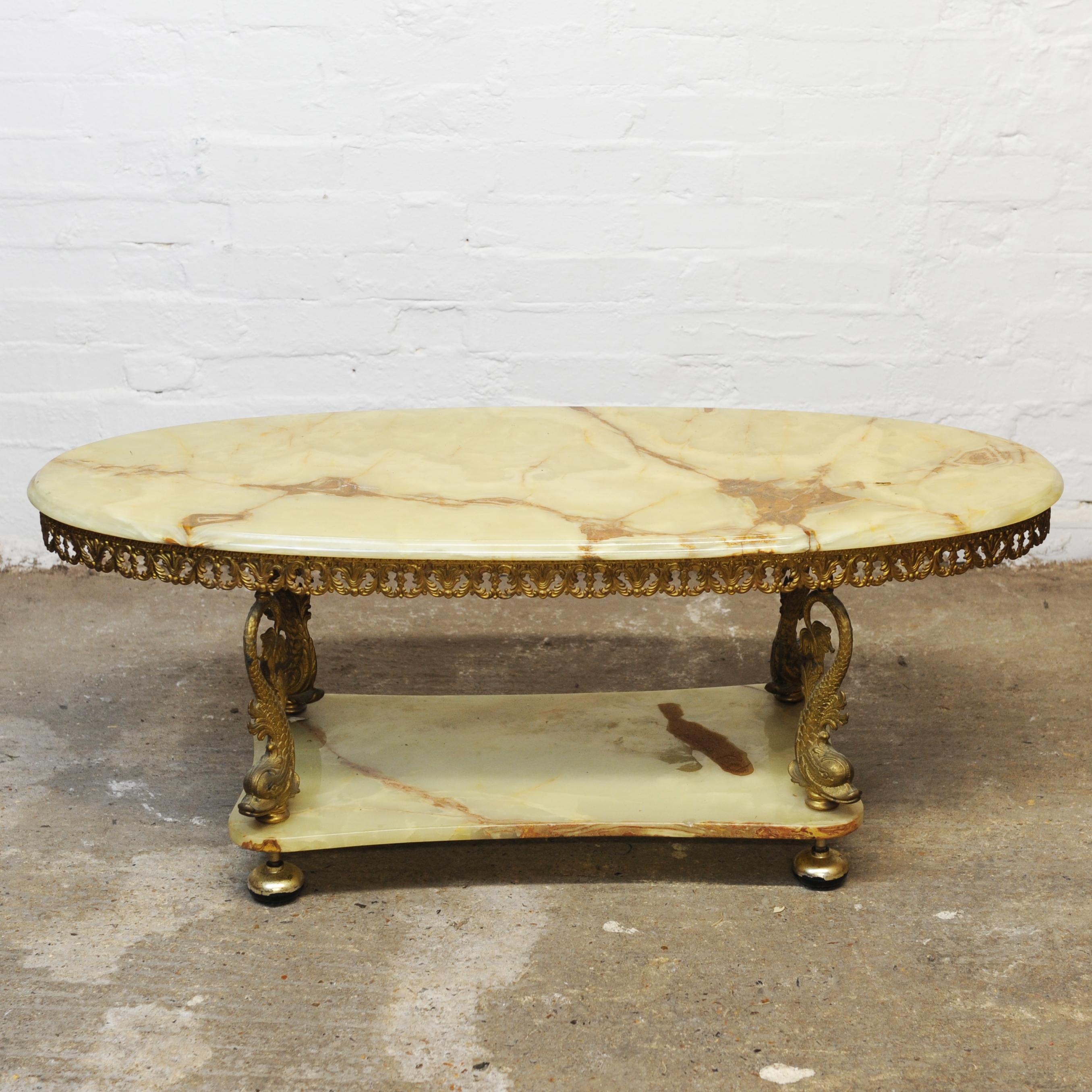 Vintage Green Marble and Decorative Brass Two Tier Hollywood Regency Table In Good Condition For Sale In Chesham, GB