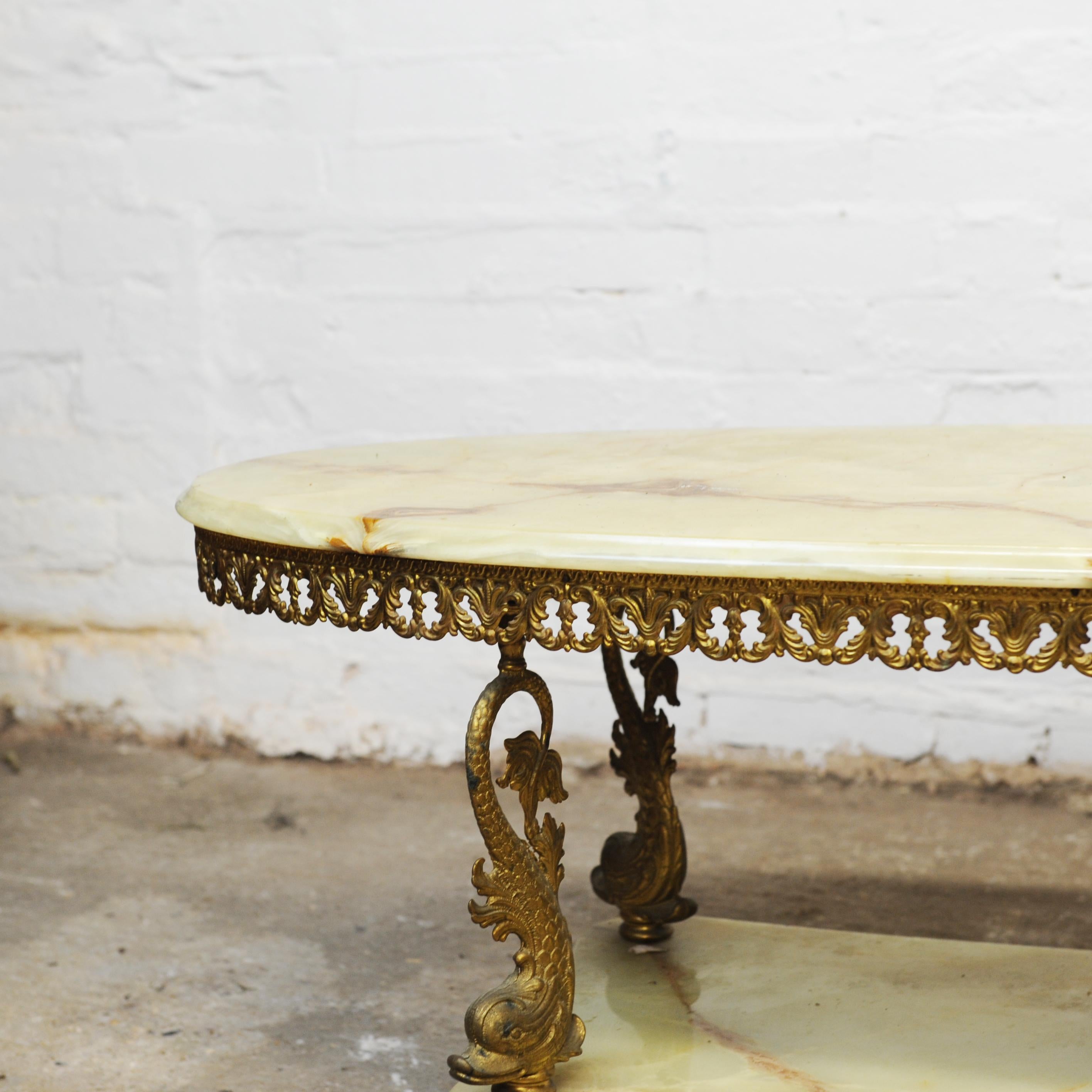 Late 20th Century Vintage Green Marble and Decorative Brass Two Tier Hollywood Regency Table For Sale