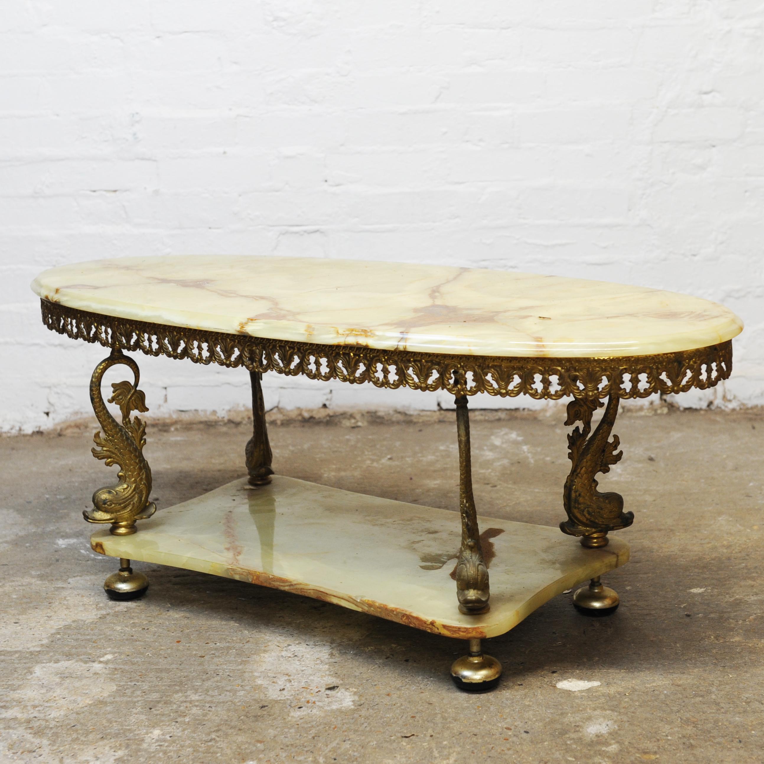 Vintage Green Marble and Decorative Brass Two Tier Hollywood Regency Table For Sale 4