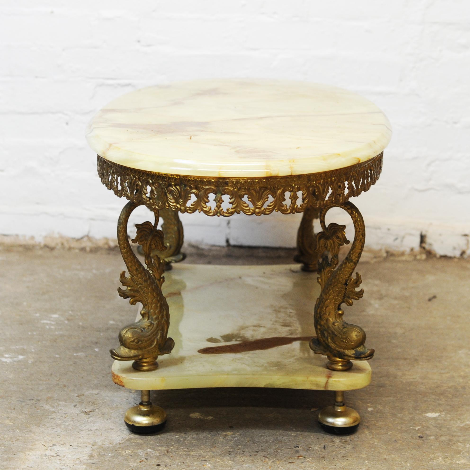 Vintage Green Marble and Decorative Brass Two Tier Hollywood Regency Table For Sale 5