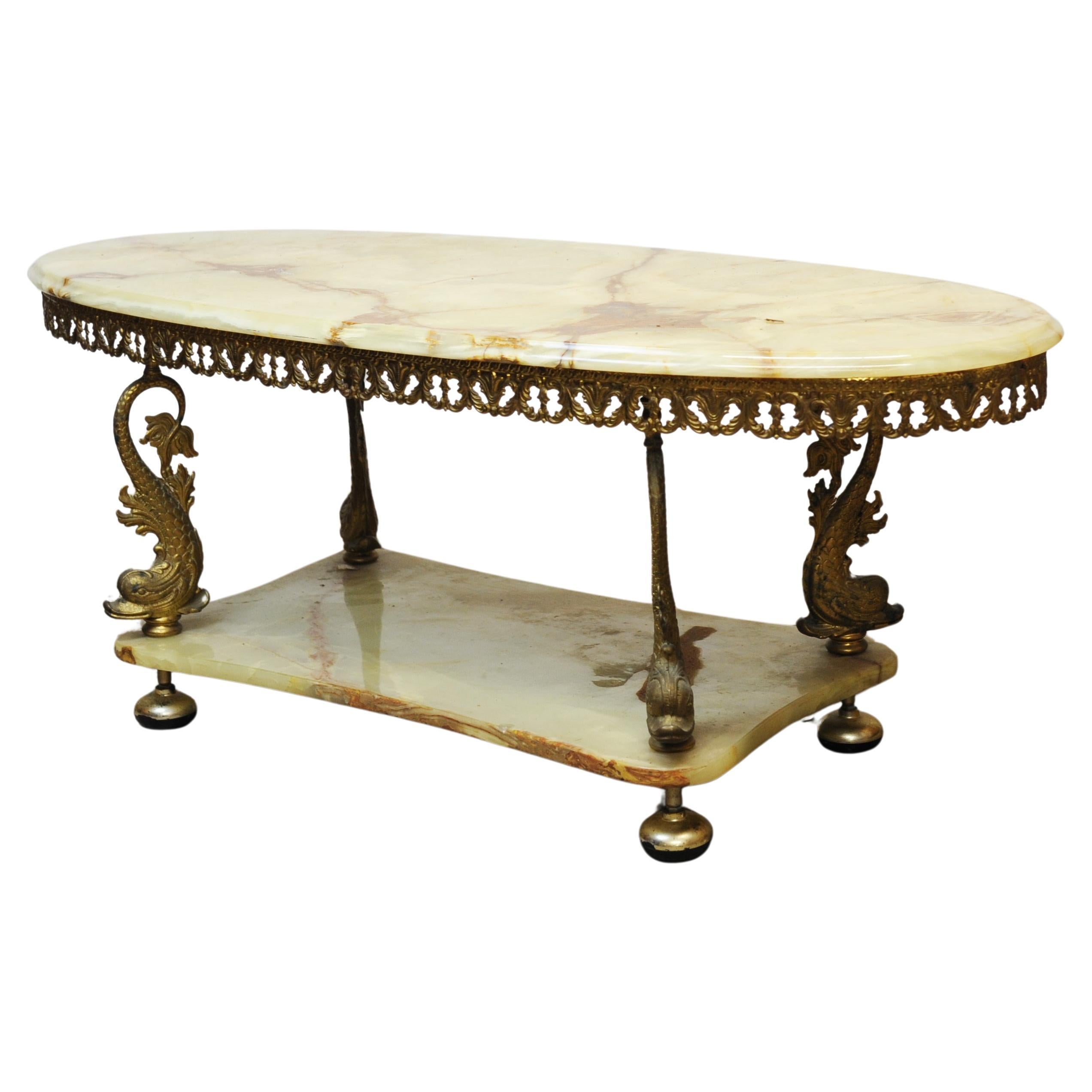 Vintage Green Marble and Decorative Brass Two Tier Hollywood Regency Table For Sale