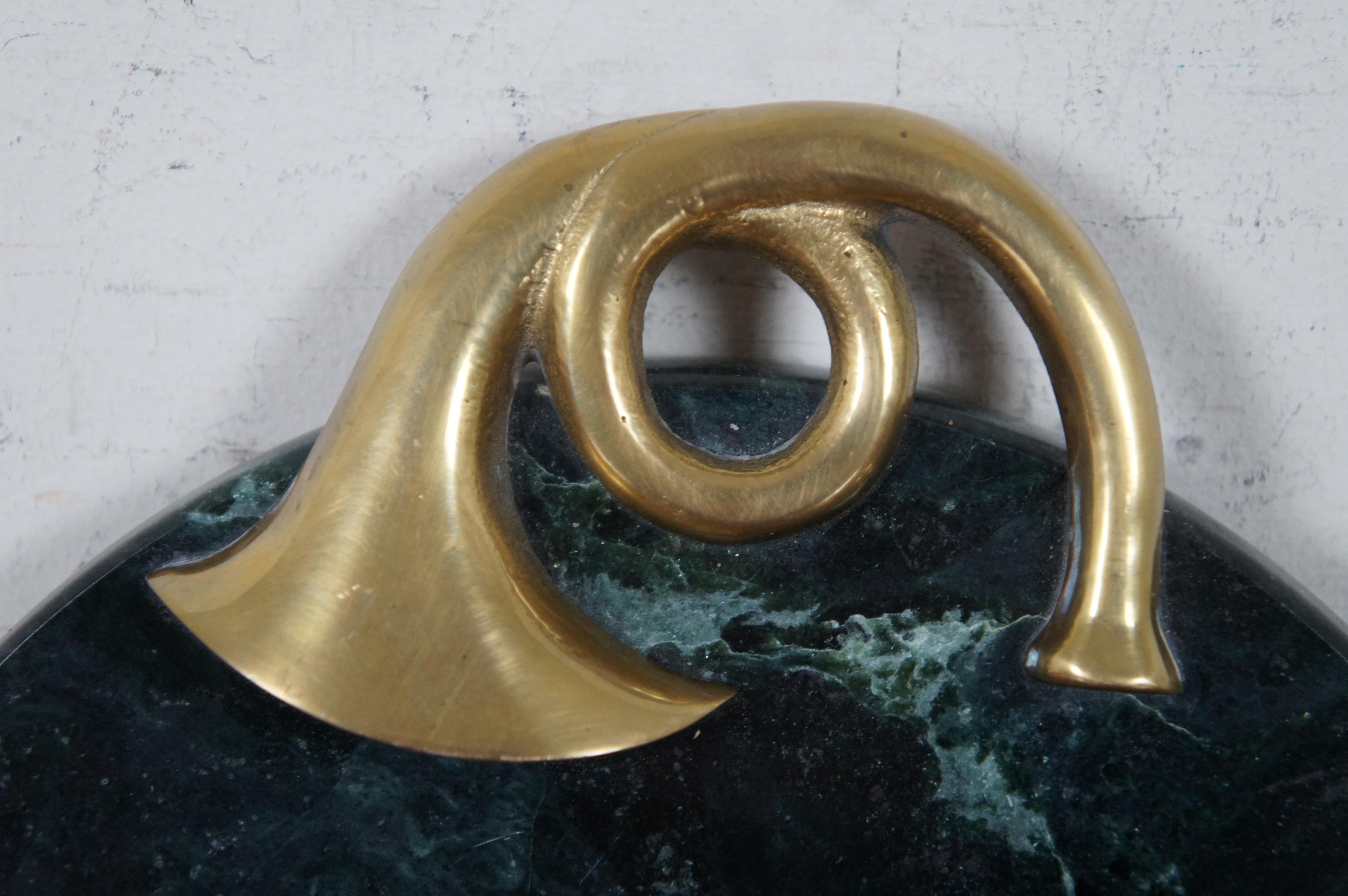 20th Century Vintage Green Marble Brass French Horn Cheese Plate Serving Tray Coaster