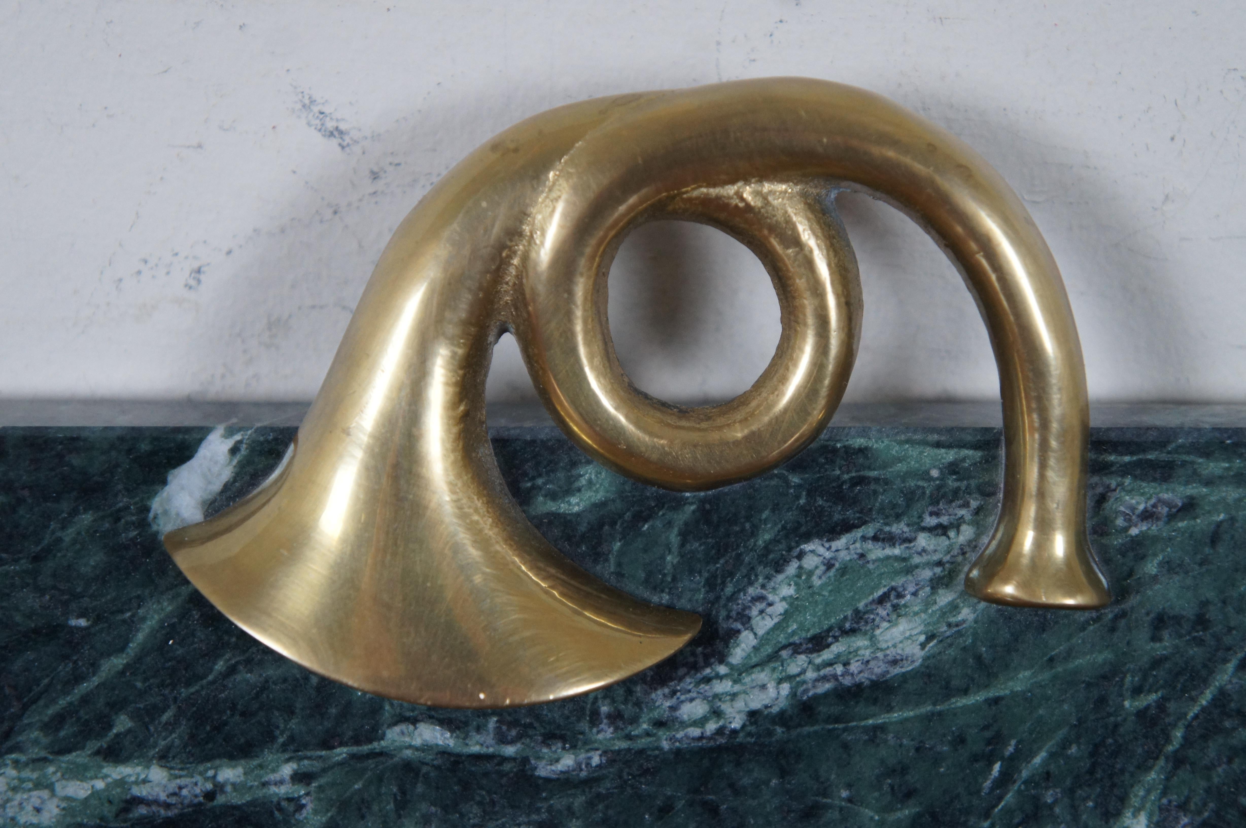 Vintage Green Marble Brass French Horn Handle Cheese Serving Board Tray 1