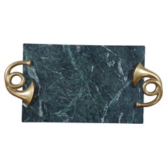 Retro Green Marble Brass French Horn Handle Cheese Serving Board Tray