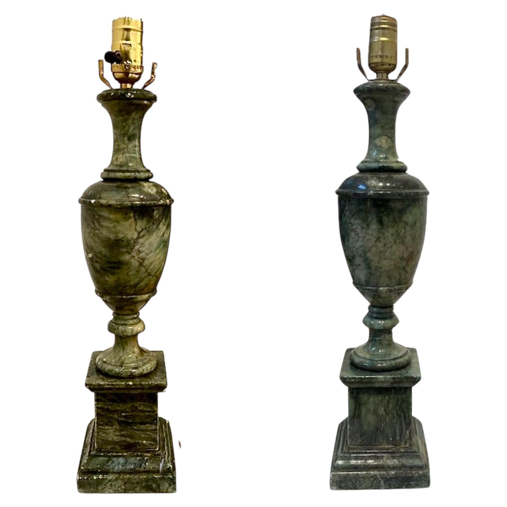 Vintage Green Marble Lamps, Pair, Classical Urn Silhouette For Sale