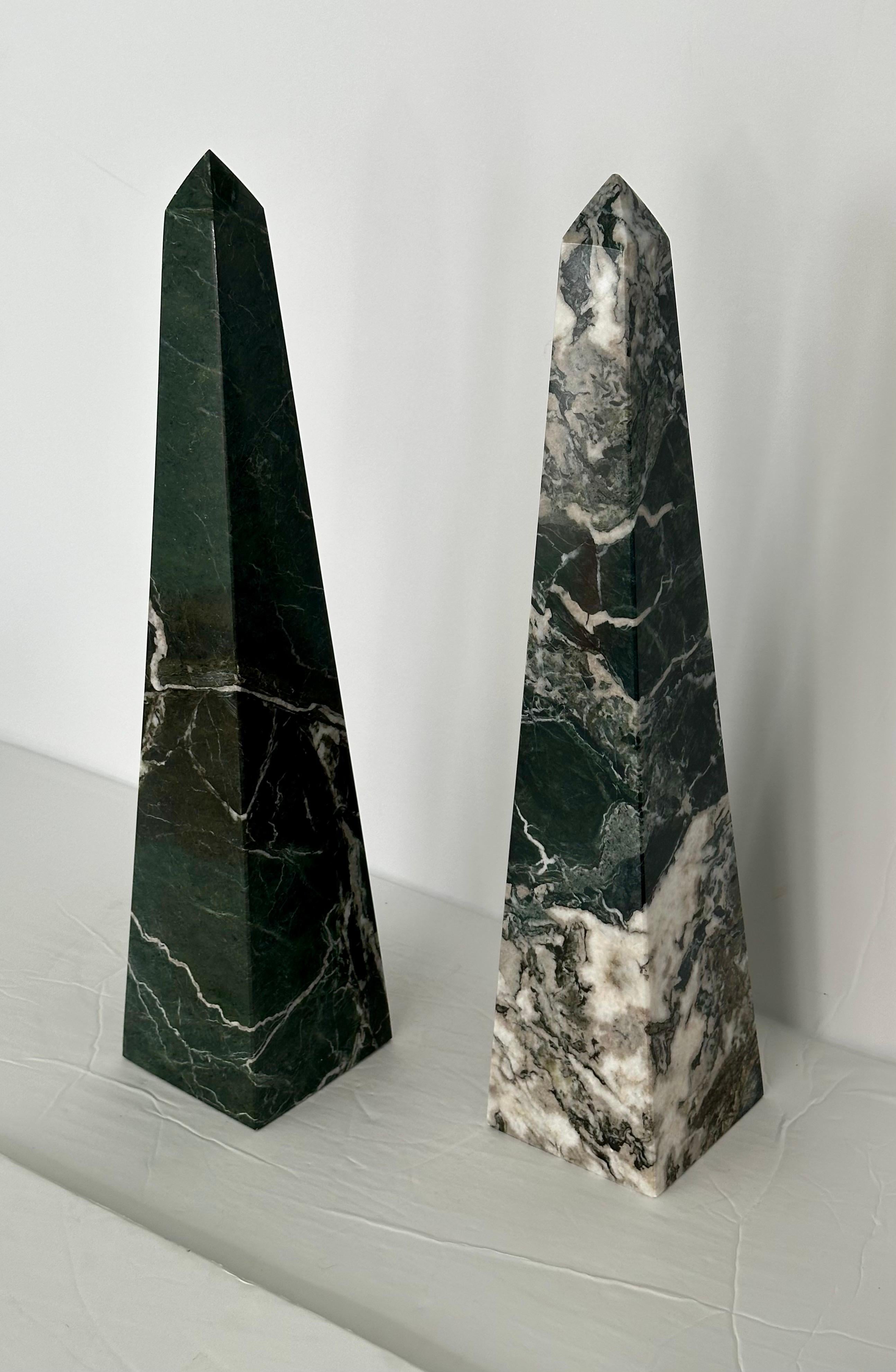 Italian Vintage Green Marble Stone Obelisks – a Pair  For Sale