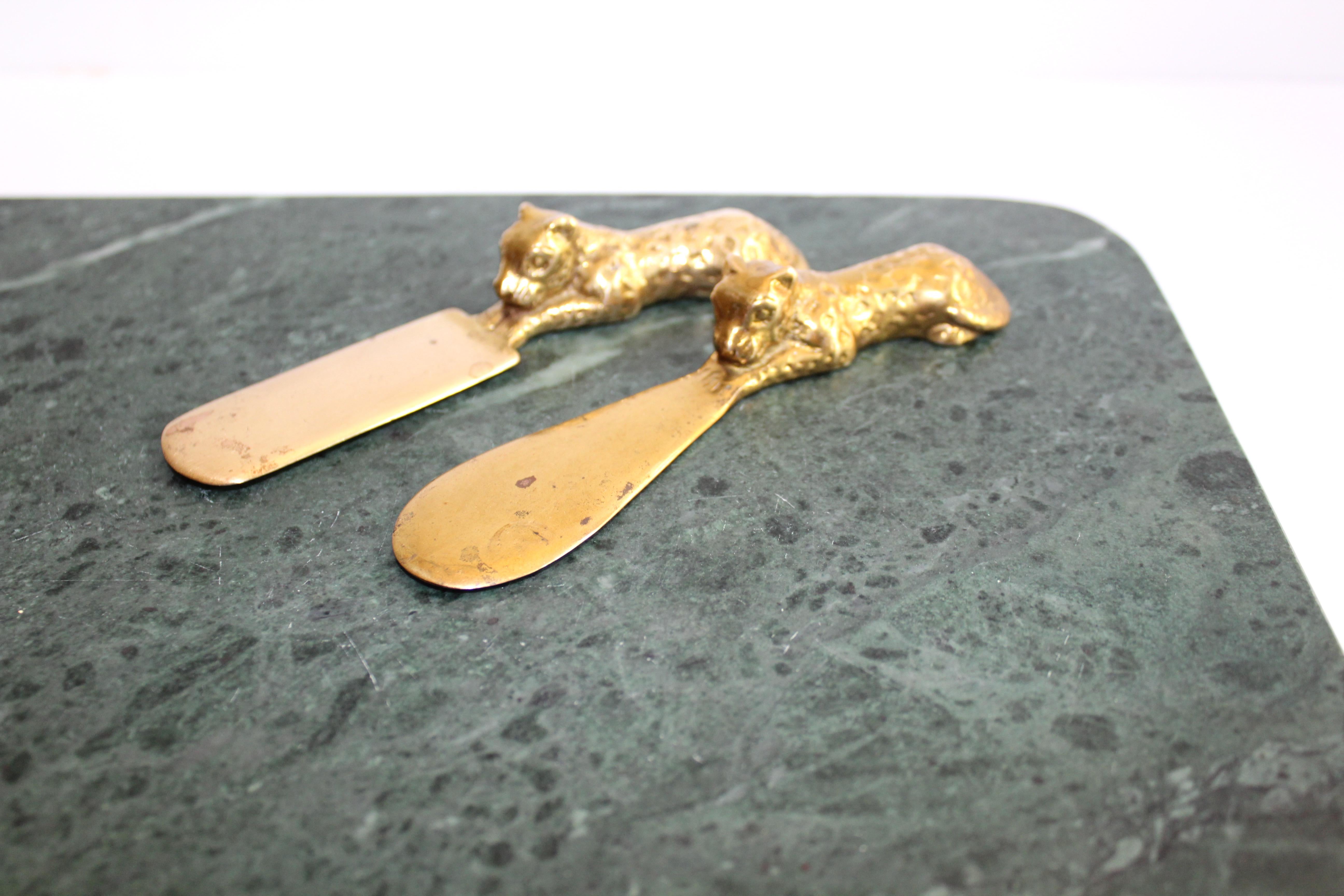 Vintage Green Marble Tray with Gold Leopard Serving Knives, 1970s 2