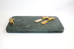 Vintage Green Marble Tray with Gold Leopard Serving Knives, 1970s