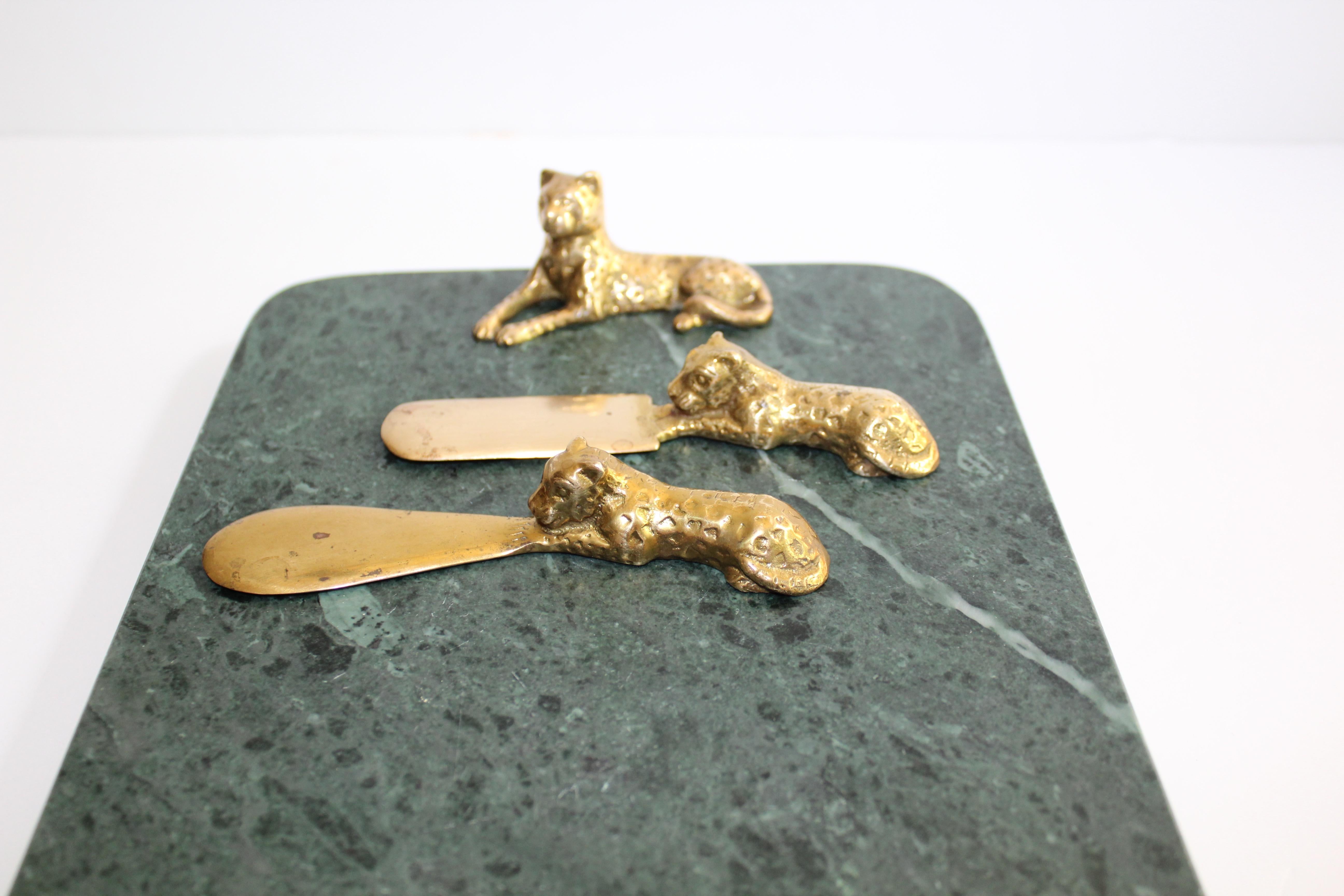 Hollywood Regency Vintage Green Marble Tray with Gold Leopard Serving Knives, 1970s