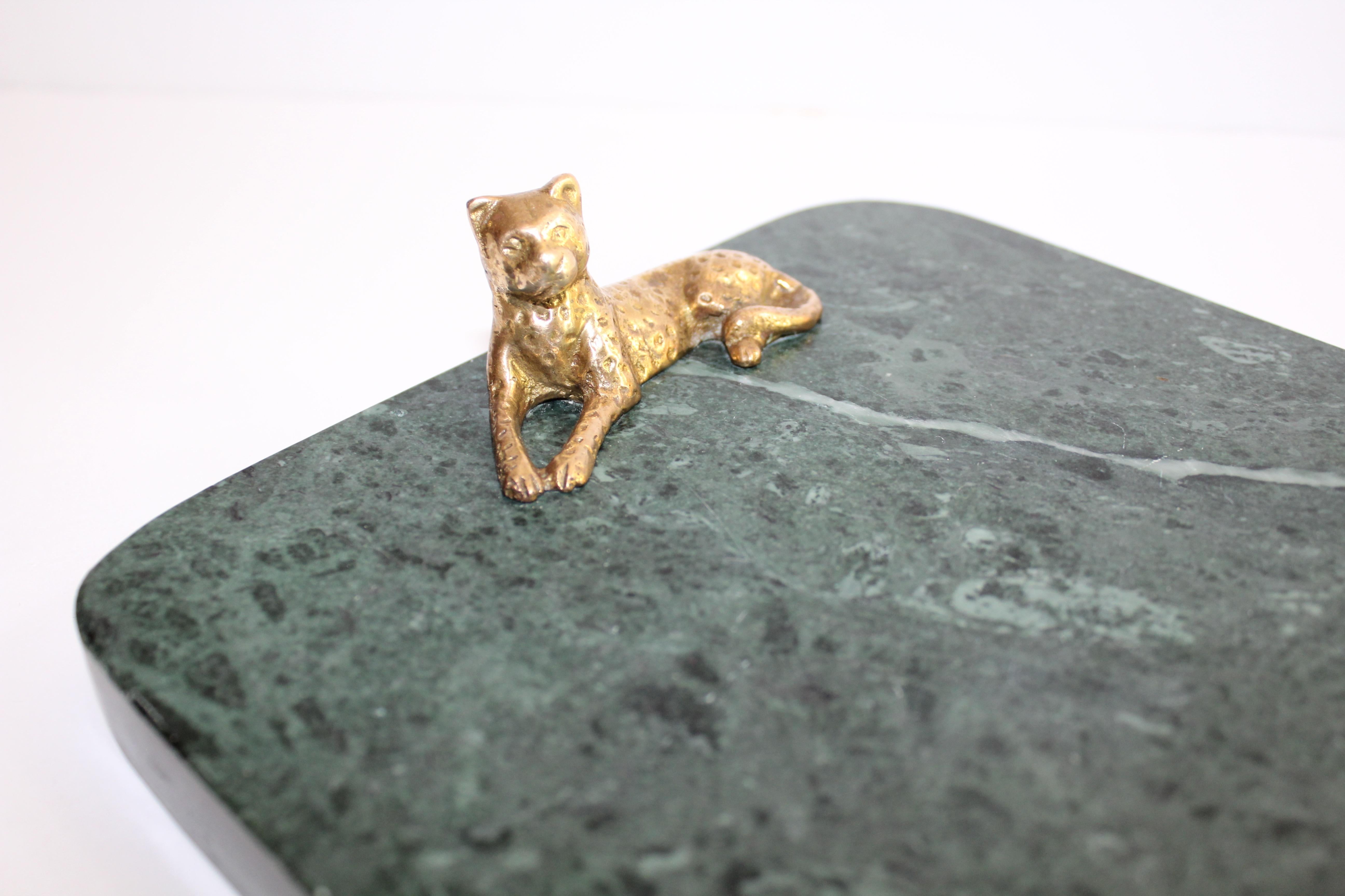 American Vintage Green Marble Tray with Gold Leopard Serving Knives, 1970s