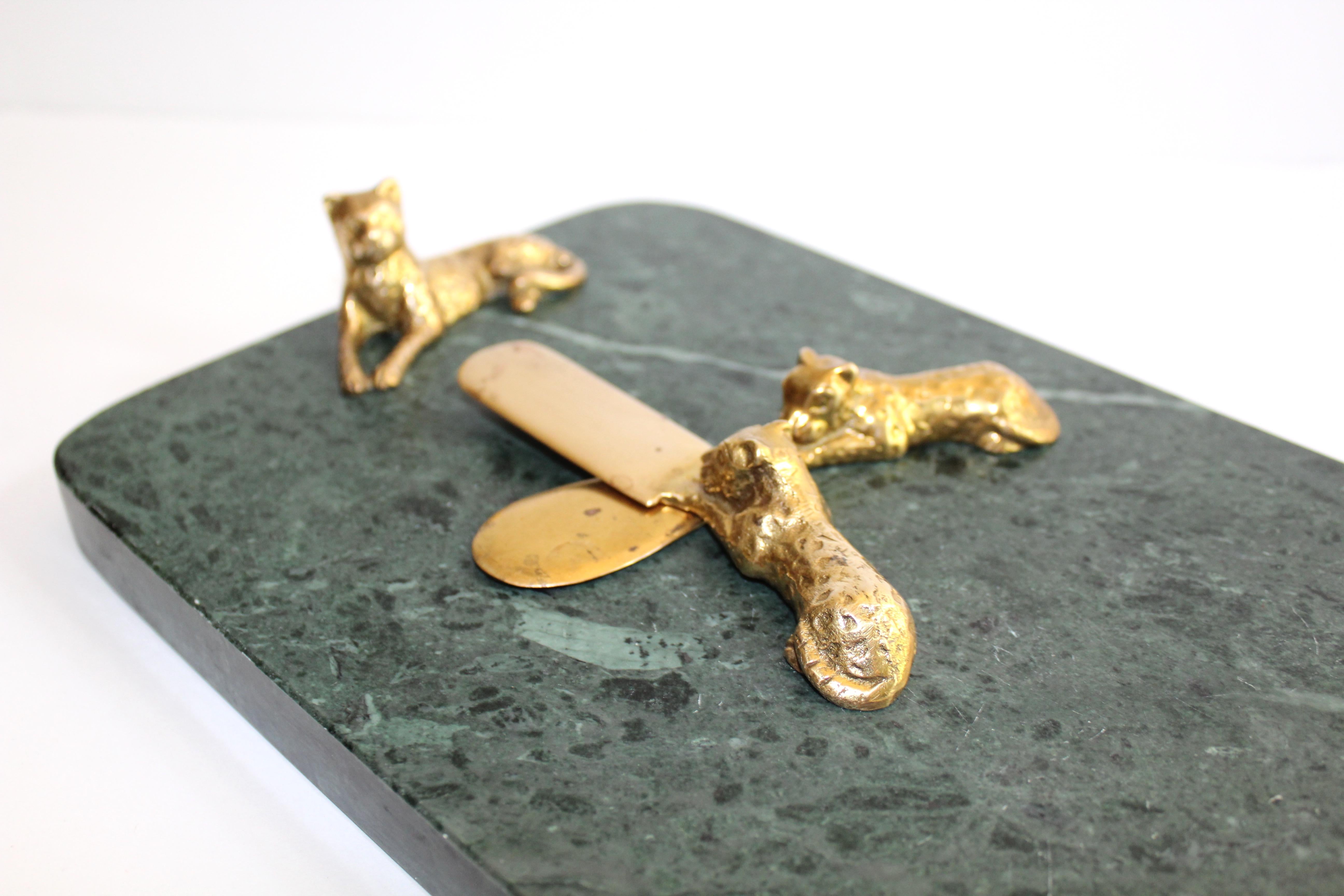 Late 20th Century Vintage Green Marble Tray with Gold Leopard Serving Knives, 1970s