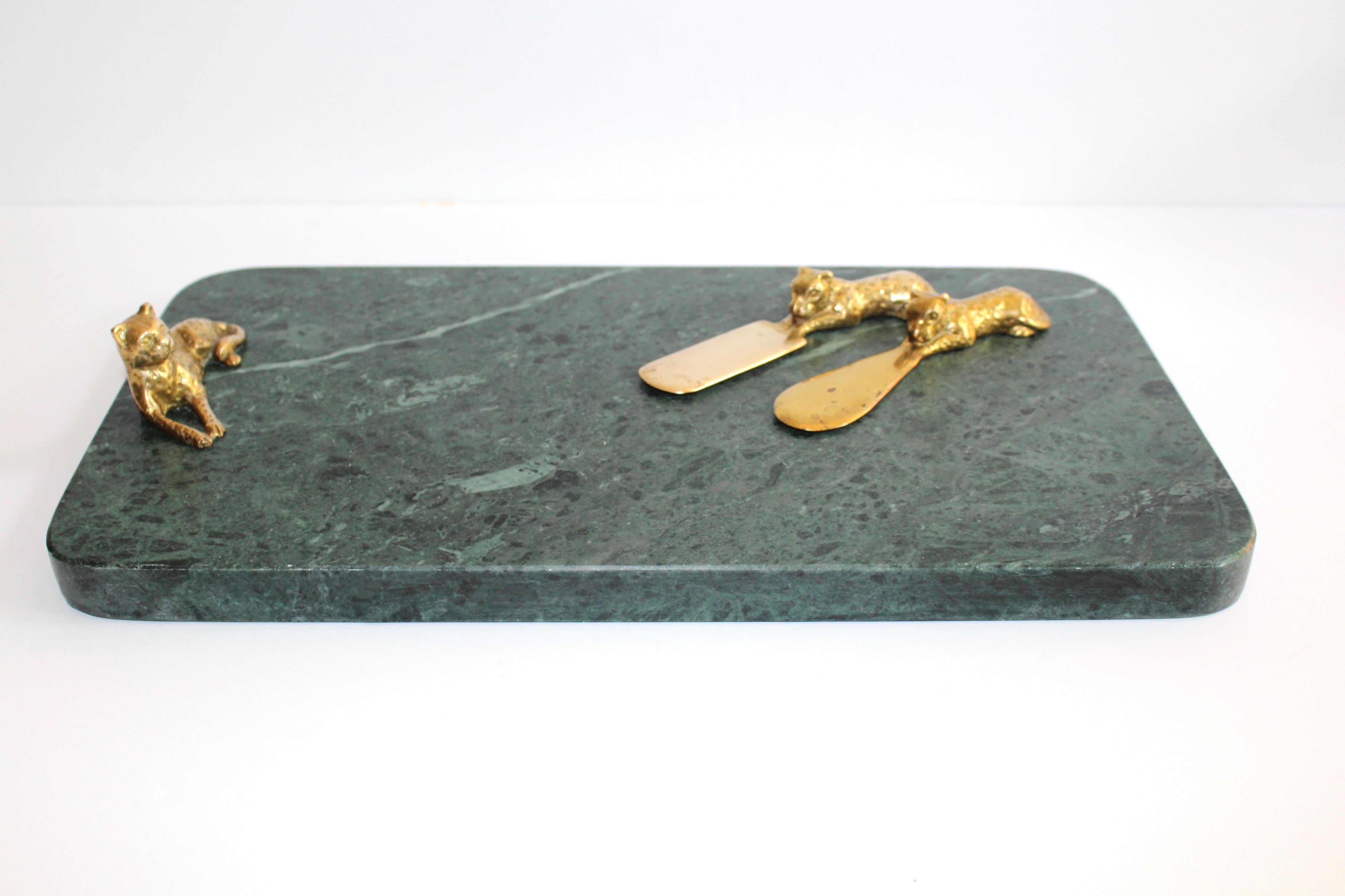 Brass Vintage Green Marble Tray with Gold Leopard Serving Knives, 1970s