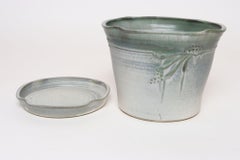 Vintage Green Matte Glaze Botanical Ceramic Planter with Plate by Deanna Nichols