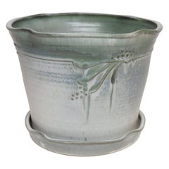 Vintage Green Matte Glaze Botanical Ceramic Planter with Plate by Deanna Nichols