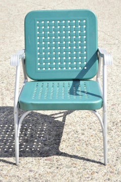 Vintage Green Metal Aluminum Basket Weave Patio Porch Outdoor Arm Chair