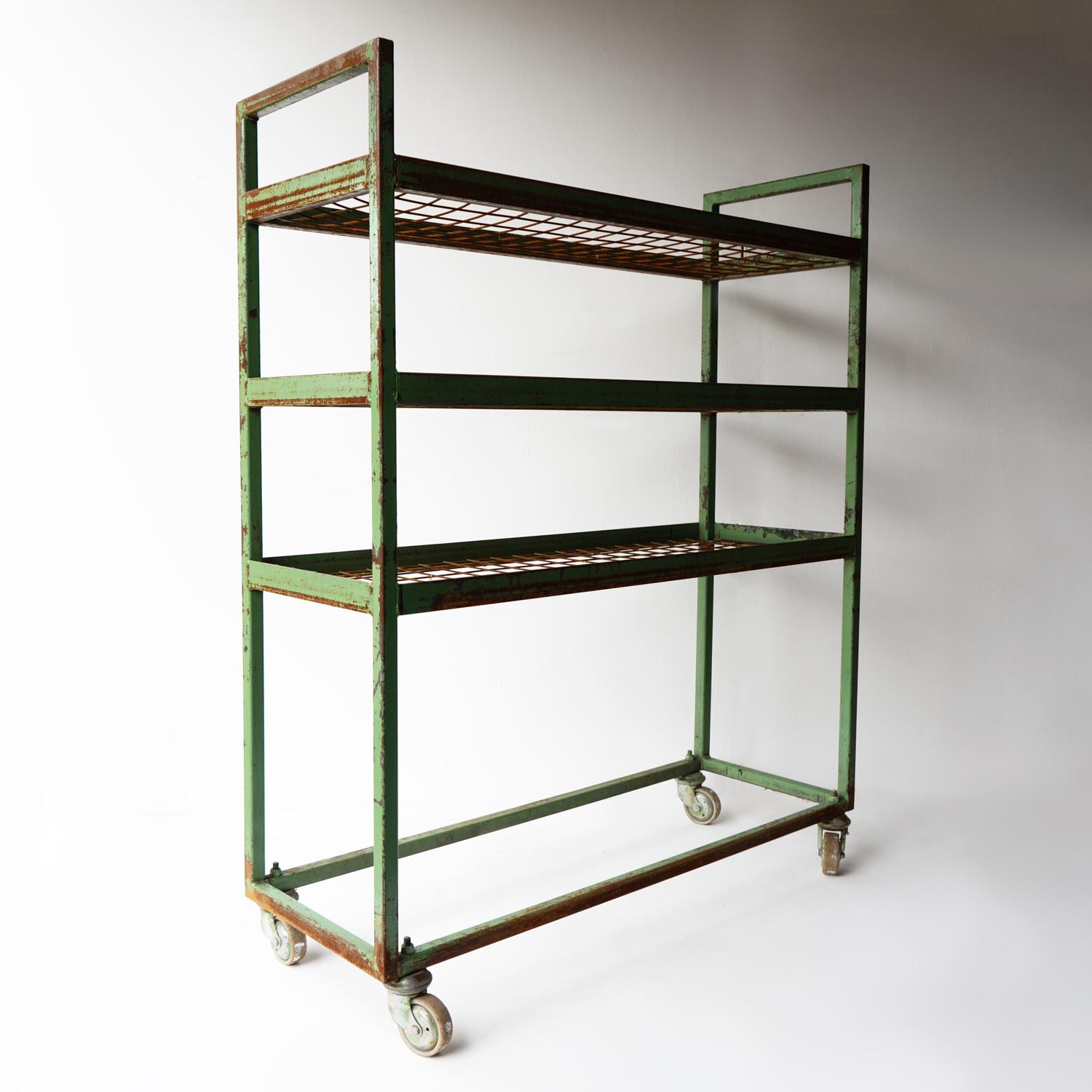Vintage Green Metal Shoe Factory Shelving Rack Trolley, Mid 20th Century For Sale 4