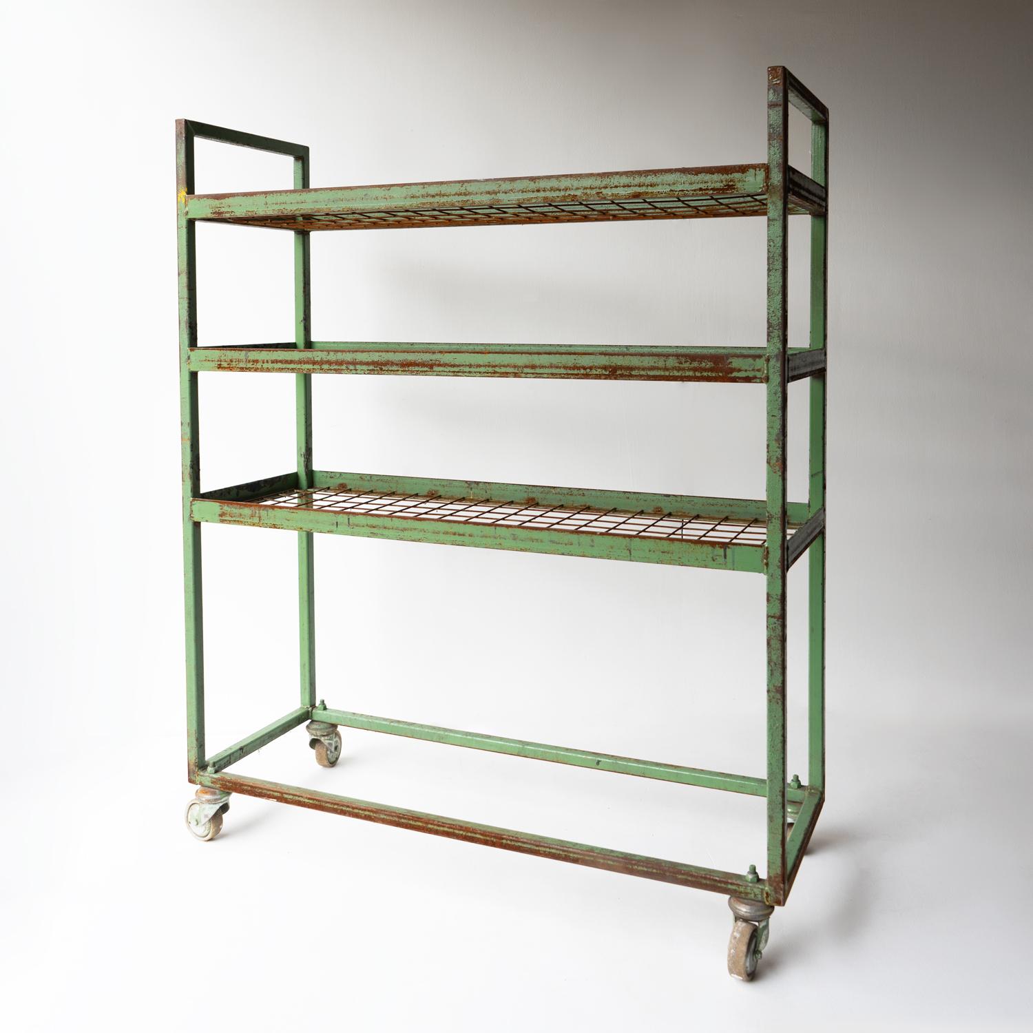 Vintage Green Metal Shoe Factory Shelving Rack Trolley, Mid 20th Century For Sale 5