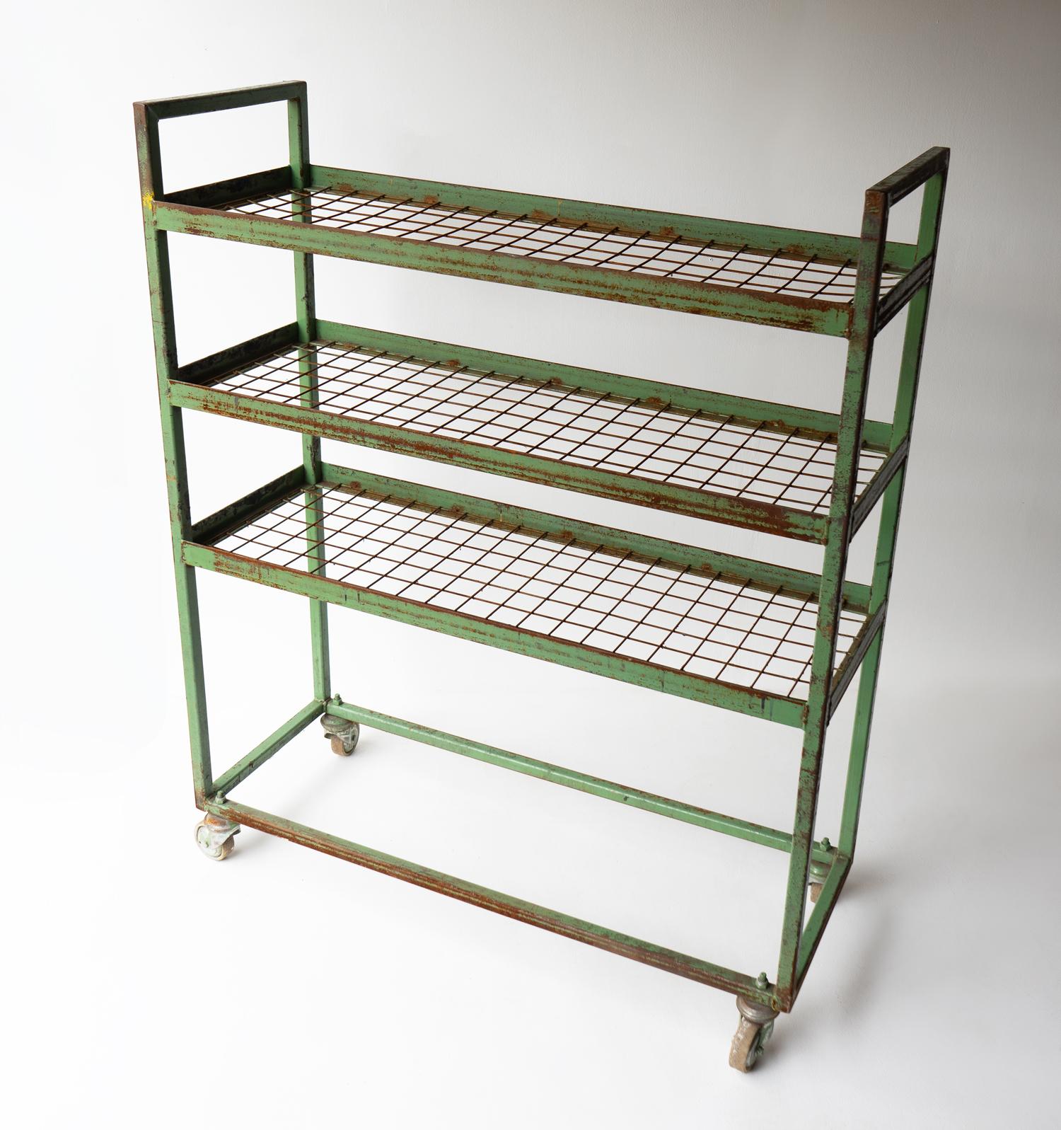 Vintage Green Metal Shoe Factory Shelving Rack Trolley, Mid 20th Century For Sale 6