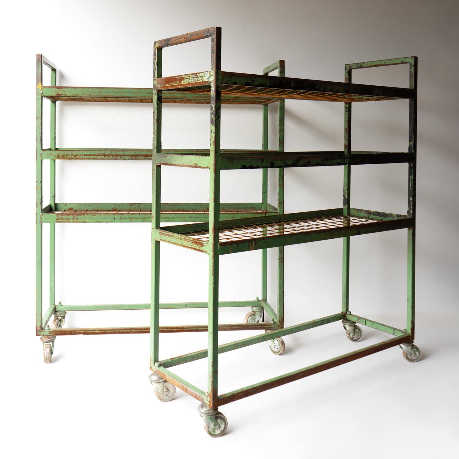 Vintage Green Metal Shoe Factory Shelving Rack Trolley, Mid 20th Century For Sale 7