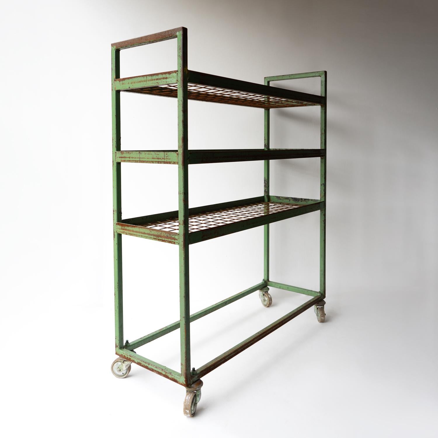 Industrial Vintage Green Metal Shoe Factory Shelving Rack Trolley, Mid 20th Century For Sale