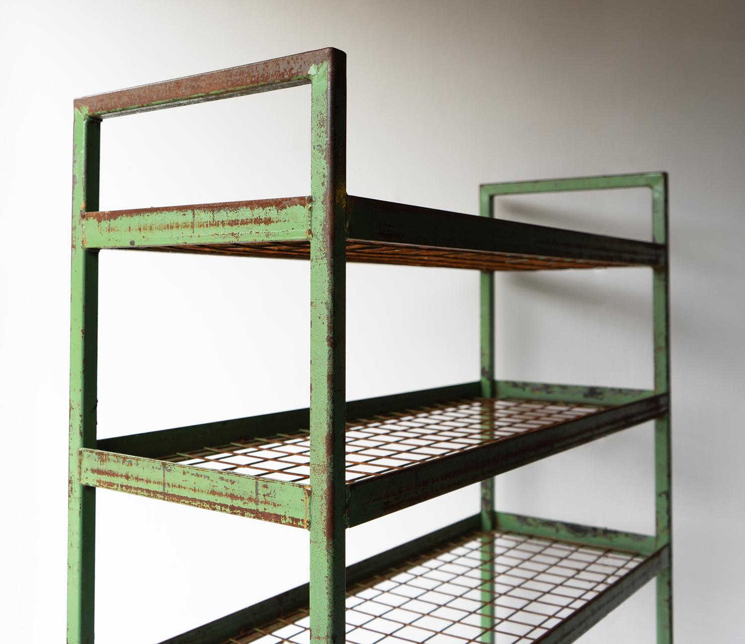 British Vintage Green Metal Shoe Factory Shelving Rack Trolley, Mid 20th Century For Sale