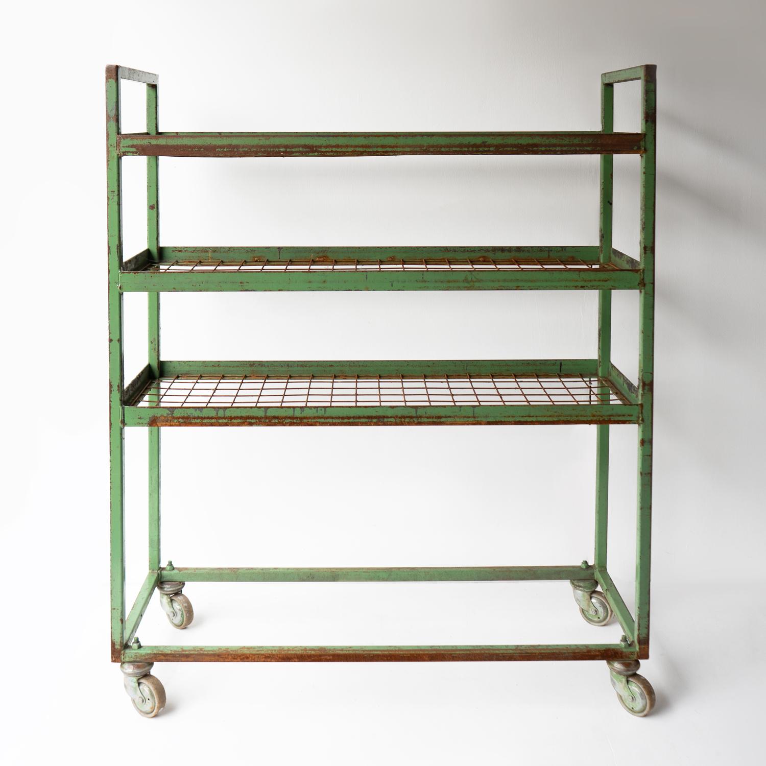 Painted Vintage Green Metal Shoe Factory Shelving Rack Trolley, Mid 20th Century For Sale
