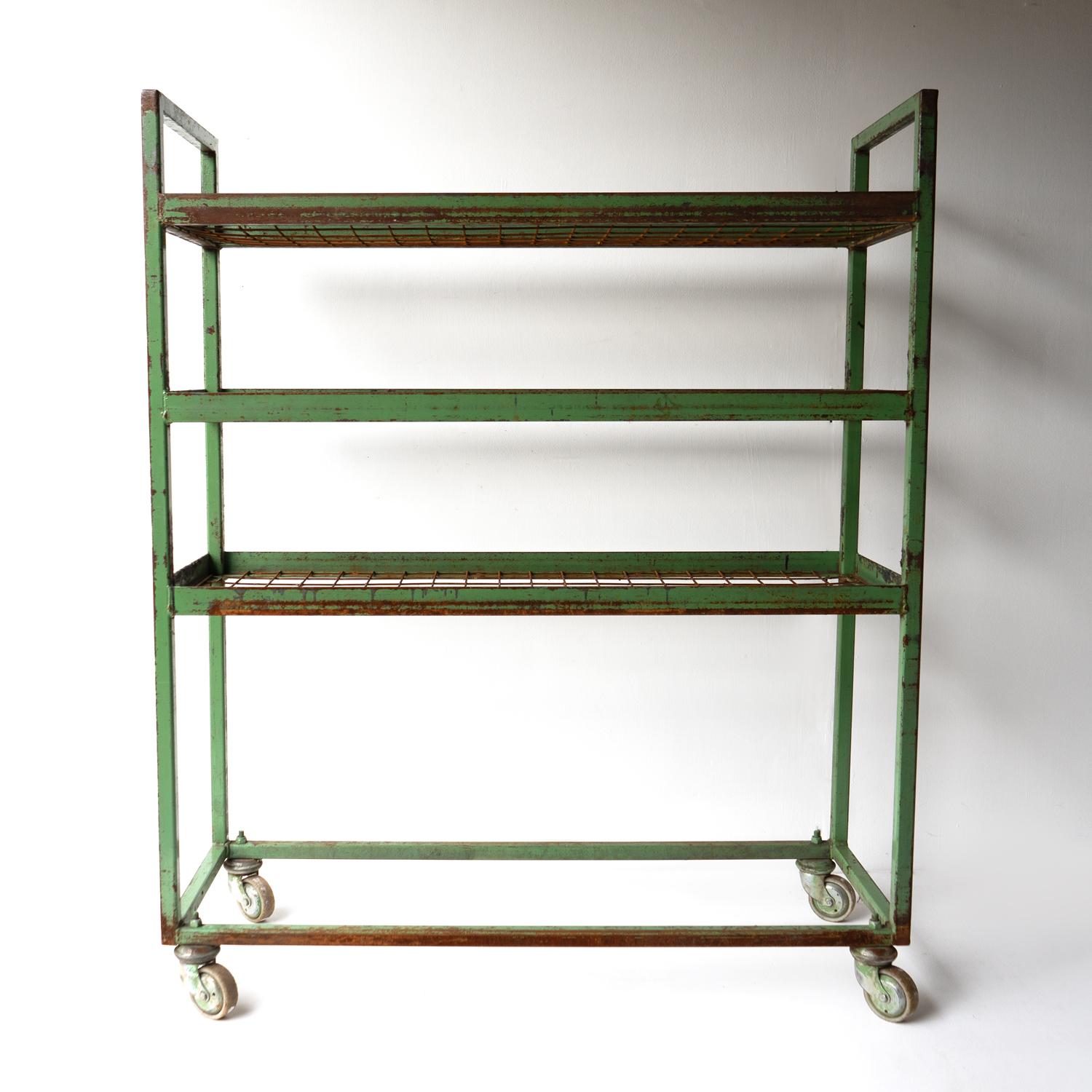 Vintage Green Metal Shoe Factory Shelving Rack Trolley, Mid 20th Century In Good Condition For Sale In Bristol, GB