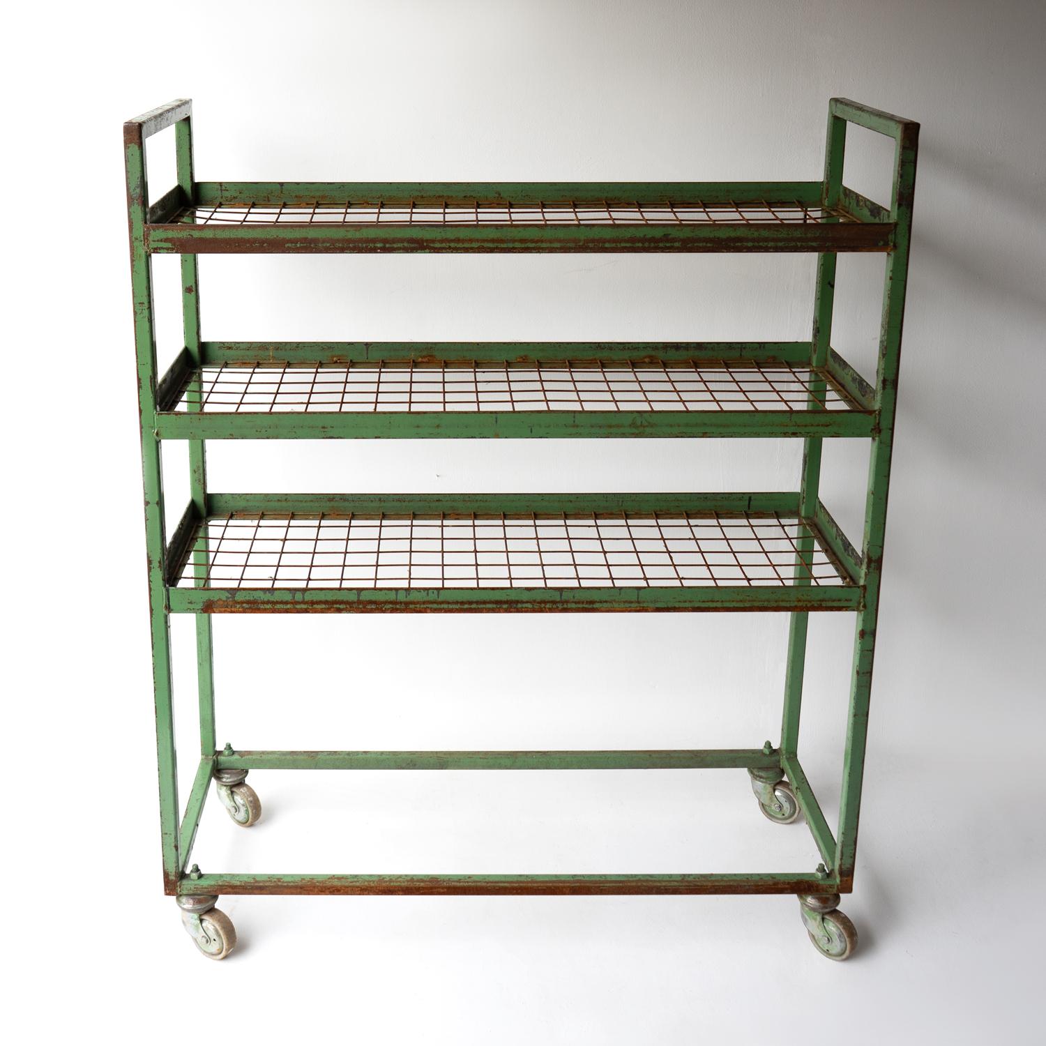 Vintage Green Metal Shoe Factory Shelving Rack Trolley, Mid 20th Century For Sale 1