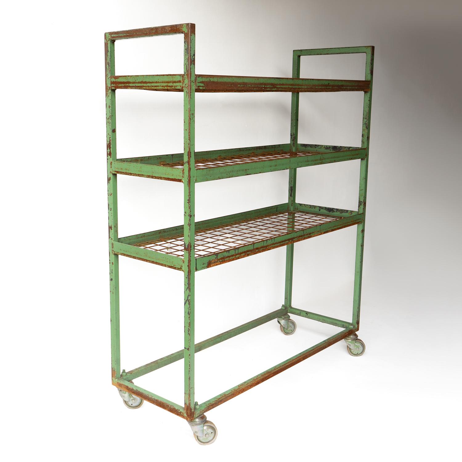 Vintage Green Metal Shoe Factory Shelving Rack Trolley, Mid 20th Century For Sale 3