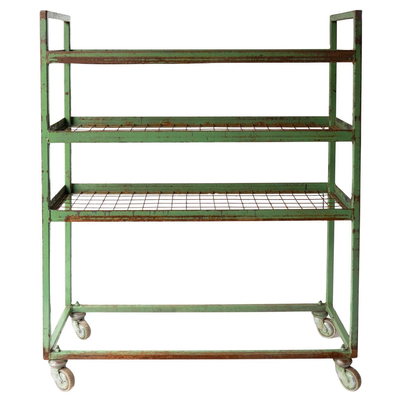 Vintage-Regalständer-Regalwagen aus grünem Metall Schuhfabrik, Mid- 20. Jahrhundert