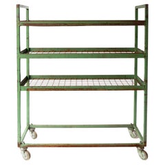 Vintage Green Metal Shoe Factory Shelving Rack Trolley, Mid 20th Century